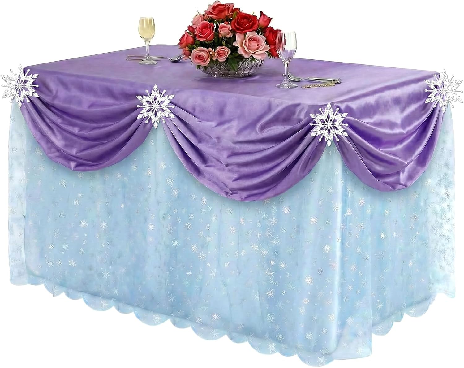 Yi-gog Winter Frozen Tablecloth Decorations Set 9ft Purple Table Cover with Blue Winter Wonderland Snowflake Tulle Skirt & 5 Clip-On Snowflakes Disposable Rectangular PE Table Cover Birthday Party
