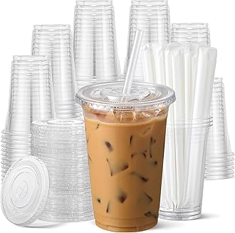 AOZITA 100 Pack 24 oz Disposable Plastic Cups with Lids and Straws, Clear Iced Coffee Cups for Cold Beverages, Smoothies, Iced Coffee, Leak-Proof, BPA-Free