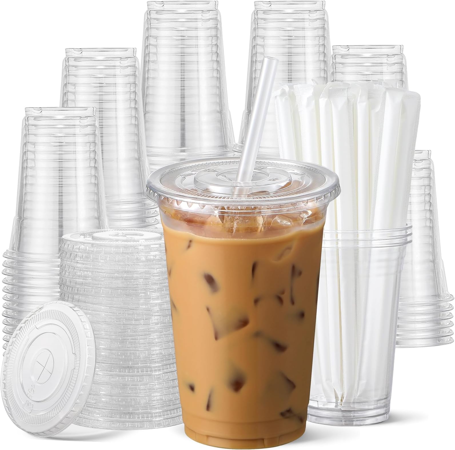 AOZITA 100 Pack - 24 oz Clear Plastic Cups with Lids and Straws, Food Safe Disposable Iced Coffee Cups for Cold Beverages, Smoothies, Iced Coffee, Leak-Proof, BPA-Free
