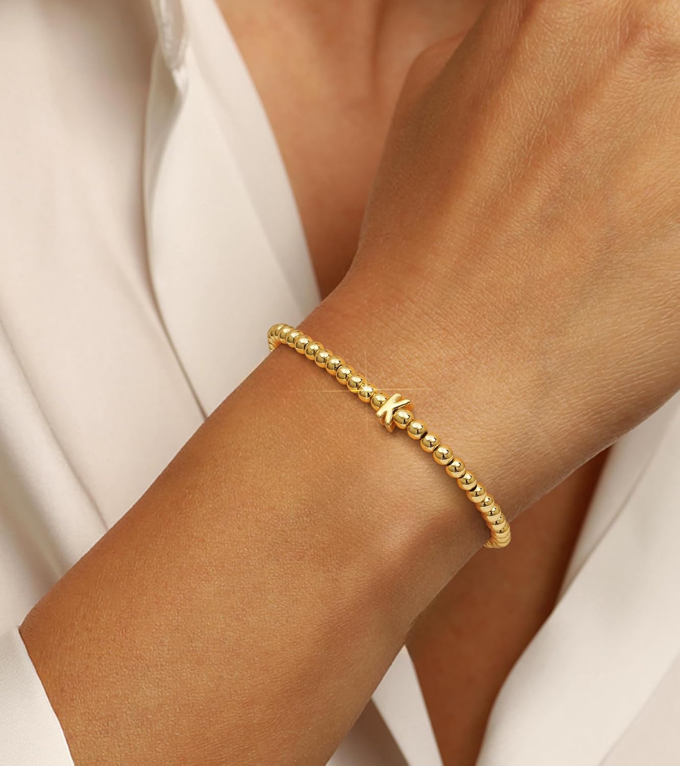Wowshow Gold Bracelets for Women Valentines Day Gifts for Her Stretch Initial Beaded Bracelets 18K Gold Plated with A-Z Letter Charm Jewelry Gifts - Image 3
