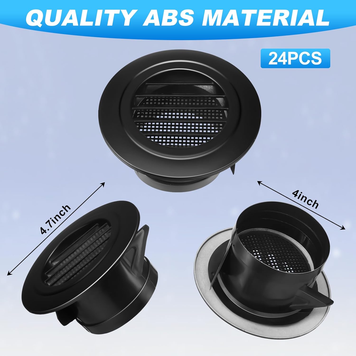 VIHOSE 24 Pcs 4'' ABS Round Vent Cover Plastic Soffit Vents Exhaust Bathroom Vent Cover with Built-in Fly Screen Mesh Air Vent Louver Grille Cover for Bathroom Office Home Kitchen, Black