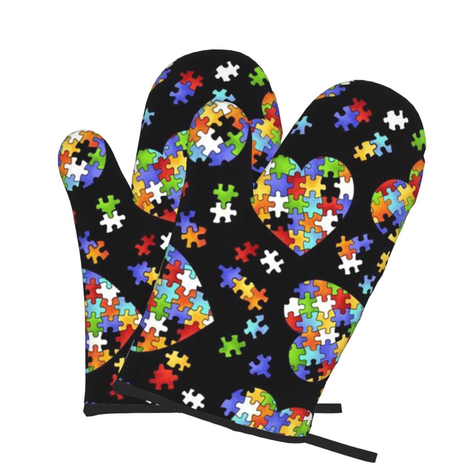 Oven Mitts Set of 2 Pcs, Autism Awareness Puzzle Pieces Heart Prints Heat Resistant Kitchen Gloves for Cooking Baking Grilling