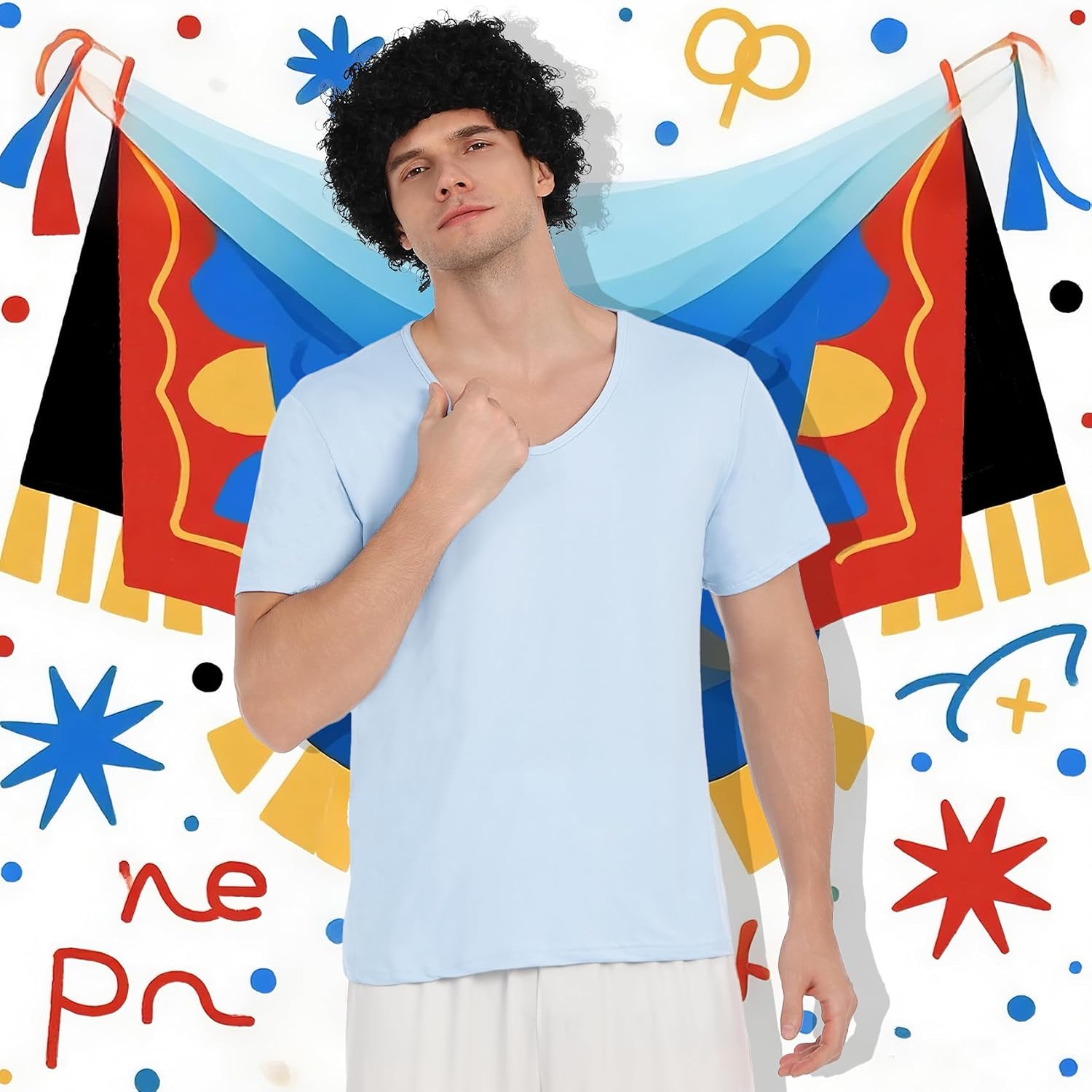 5 Pcs Halloween Costume Men Blue T-shirt Pants Wig for Halloween Party image 3