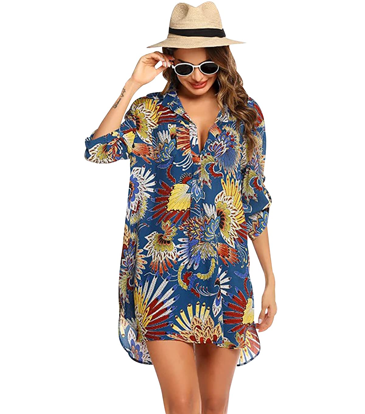 Peuignao Vestido Playa Leopardo Mujer Cuello V Corto Cover Up Beach Blusa Vestidos Camisa Playas Cortos Tie Dye Túnica Playa Mujer Cover-Up Talla Grande Tallas Grandes Bikini Cover Ups Beach Dresses Playero