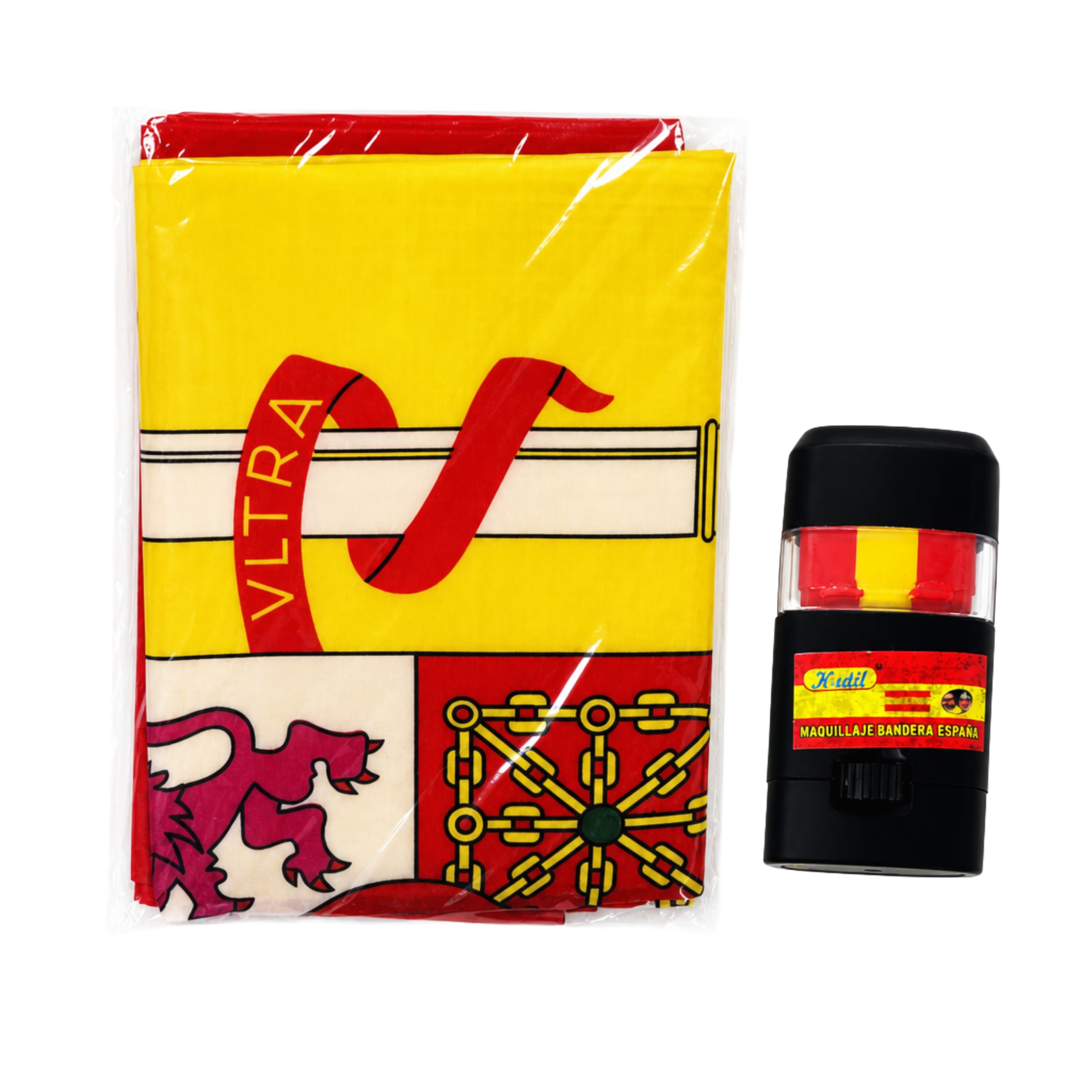 Kit Aficionado España con Bandera con Mangas y Pintacaras | Capa Bandera Española Grande + Maquillaje Bandera de España | Ideal para Fútbol, Peñas, Fan Zones y Eventos