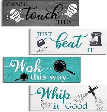 4 Pcs Kitchen Rules Funny Farmhouse Wall Decor Wooden Signs Hanging Wall Signs Rustic Kitchen Wall Decor for Farmhouse Indoor Fresh Style-A, 12x4 inch