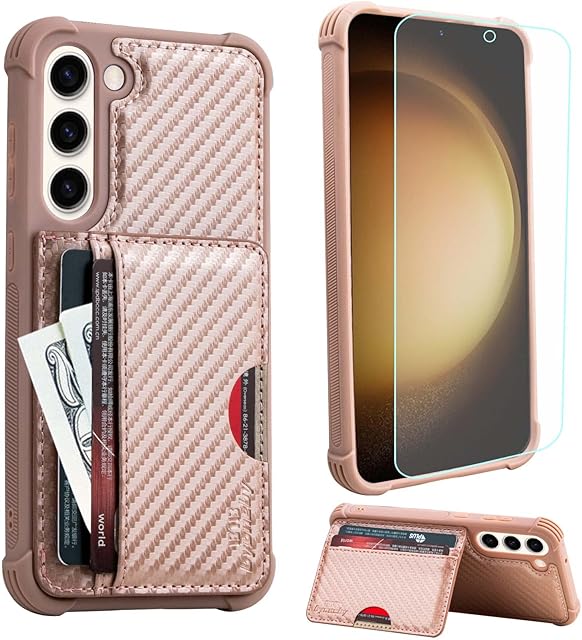 b1b byoneby Samsung Galaxy S23 5G Wallet Case with Credit Card Holder Slots & 1-Pack Screen Protector Wireless Charging Stand Shockproof Carbon Fiber Cover for Galaxy S23,Rose Gold