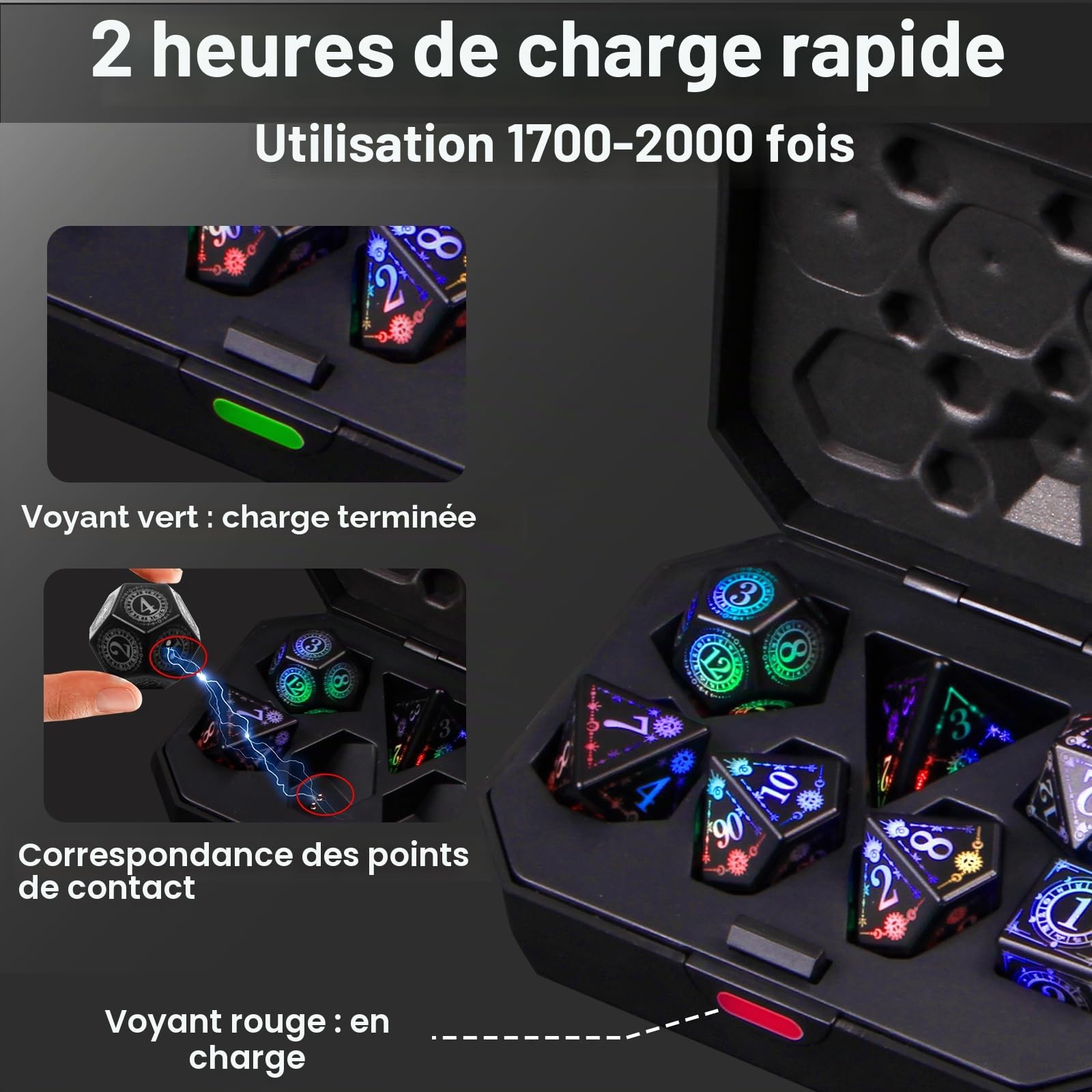ORUZA Lot de 7 dés lumineux DND à DEL rechargeables avec boîte de charge, dés D&D polyédriques lumineux pour jeux de rôle Donjons et Dragons RPG MTG