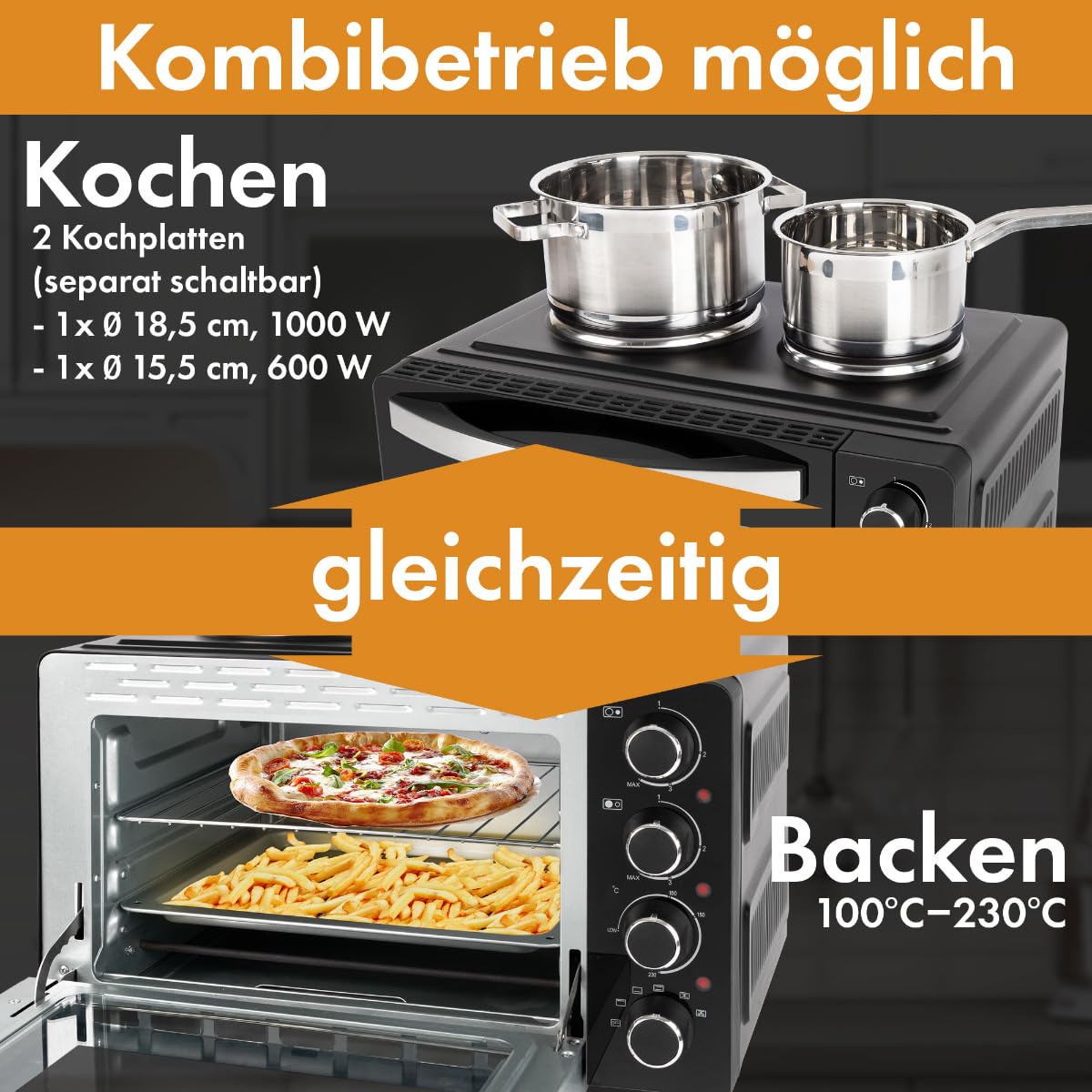 Bomann®mini piekarnik z płytą grzewczą i rożnem | gotowanie i pieczenie w tym samym czasie | 28L obracające się ciepło w górę/dół 100°-230°C | 3100 W z akcesoriami | KK