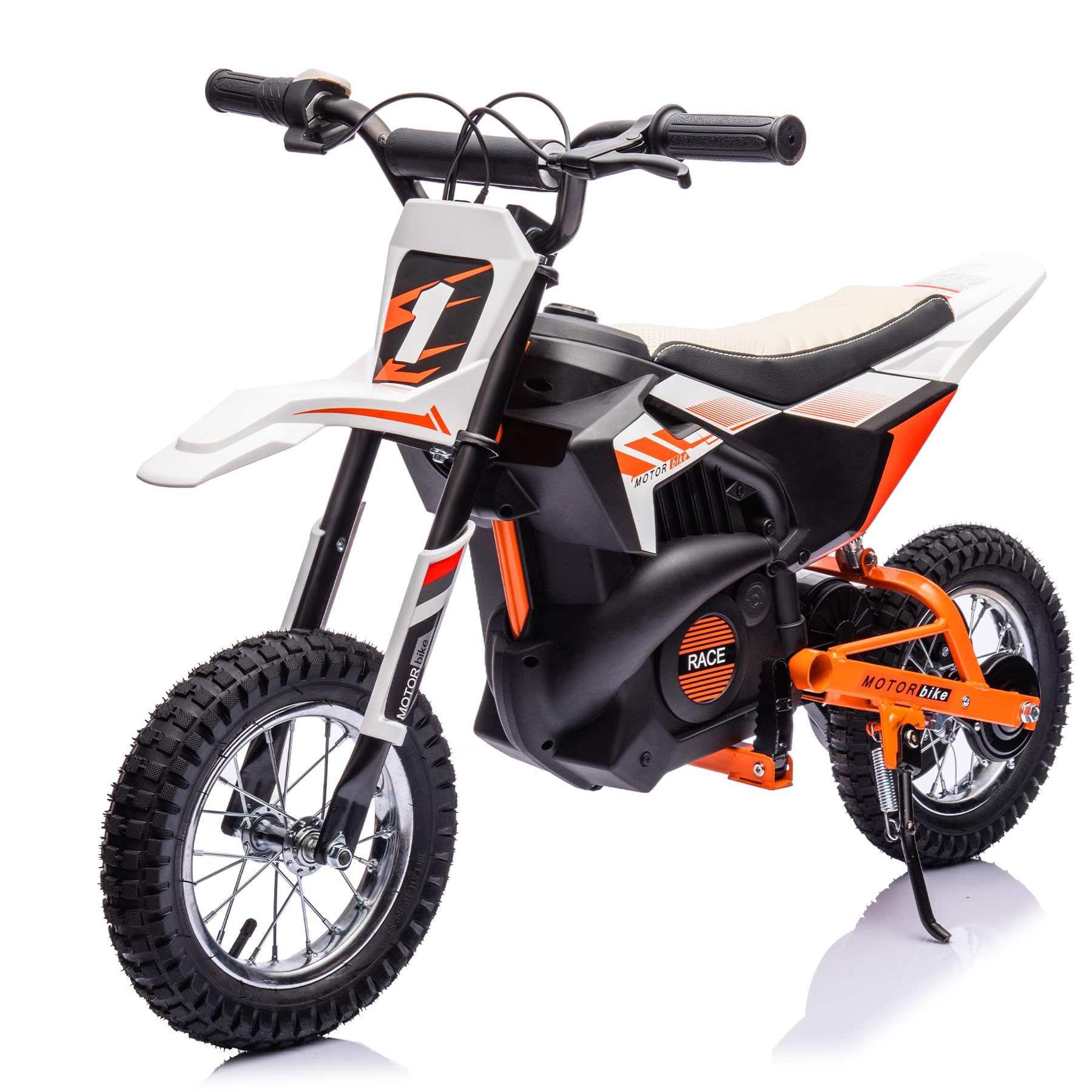 JoyWheel 24V Electric Off-Road Motorcycle, 250W Motor 13.6MPH Fast Speed Kids Dirt Bike, Electric Off-Road Motorcycle with Rear Wheel Suspension, Leather Seat, Metal Suspension, White