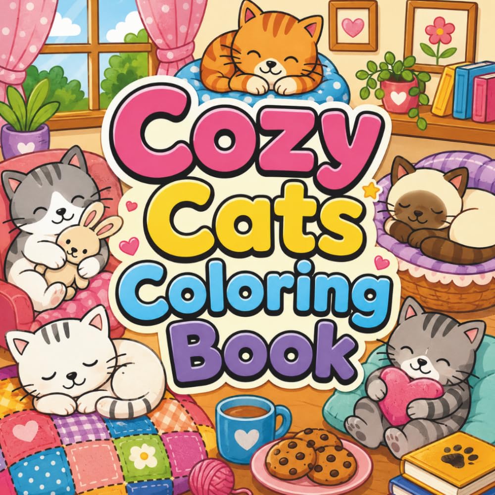 Cozy Cats Coloring Book: Simple and Relaxing Feline Scenes with Bold Lines for Stress-Free Coloring