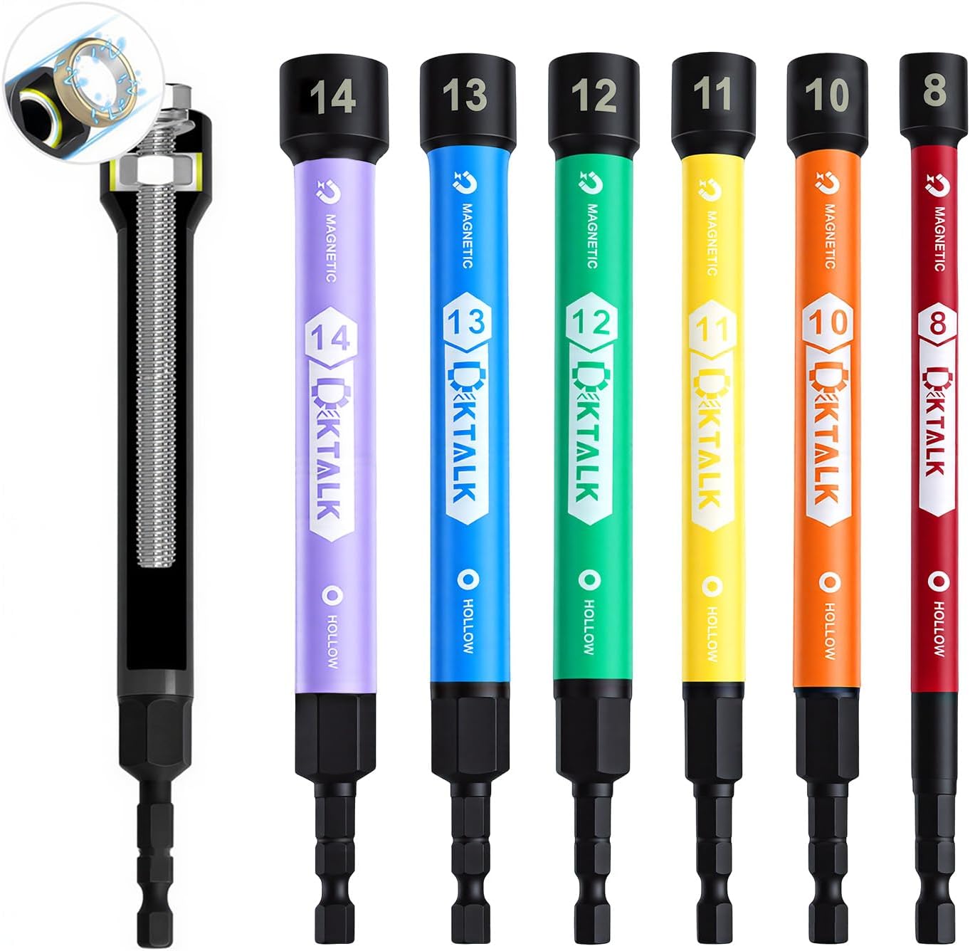 Magnetic Hollow Impact Nut Driver Set, 6-Piece Hollow Shaft Power Nut Driver, 5-Inch Extended Reach for Long Bolts & Threaded Rods, Color-Coded, Impact Rated, Metric Size
