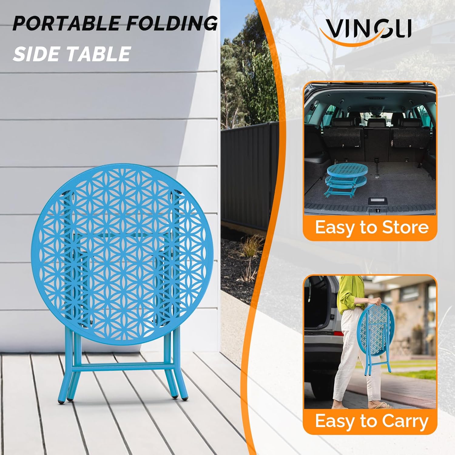 VINGLI Patio Folding Side Table, Small Outdoor Table with Everlasting Floral Pattern and Sturdy X-Shaped Metal Frame Ideal for Indoor & Outdoor Balcony, Porch, Backyard, Deck, Blue, 1 Pack