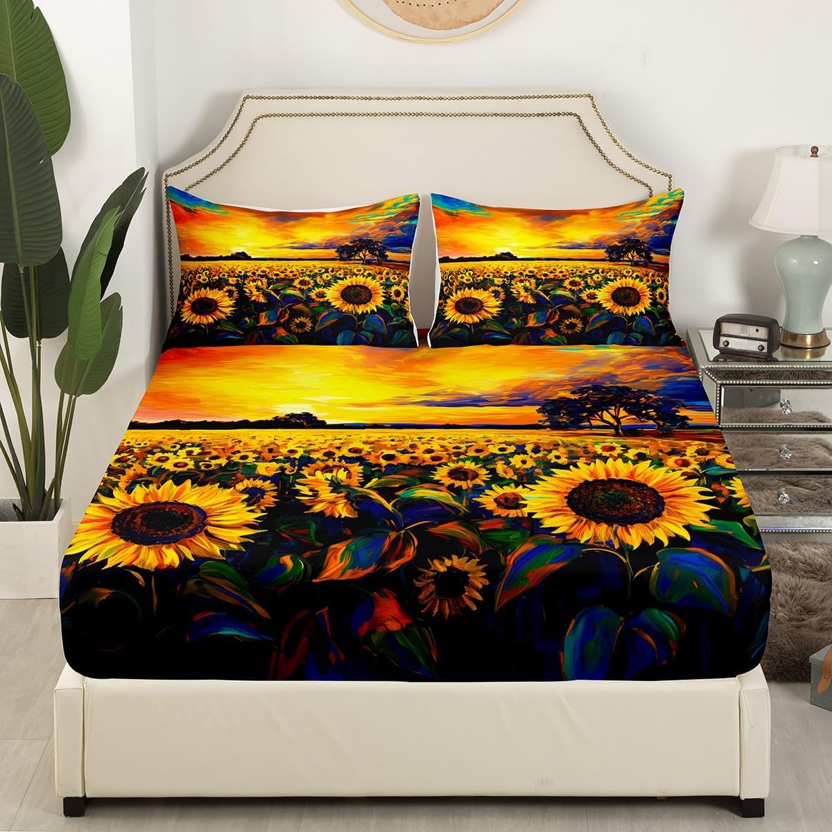 Sunflowers Bed Sheet Set Floral Print Bed Sheets Yellow Flowers Pattern Sheets Sunflowers Oil Painting Sheet Set for Adults and Teens Microfiber Queen Size