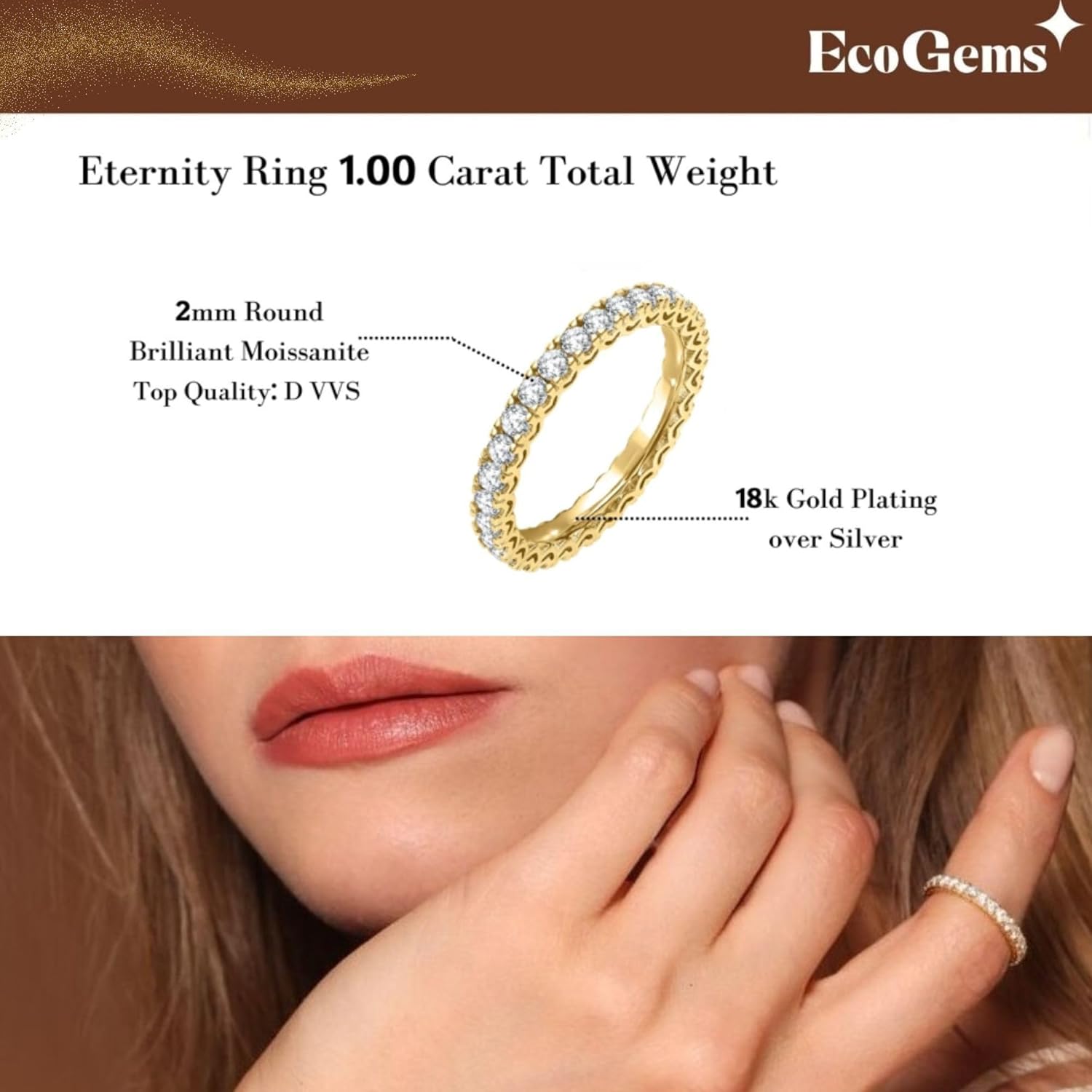 Moissanite Eternity Ring For Women 1.00 Cttw 18K/14k White/Yellow Gold Over Silver (D Color VVS Clarity) Comes With Gift Box - Image 3