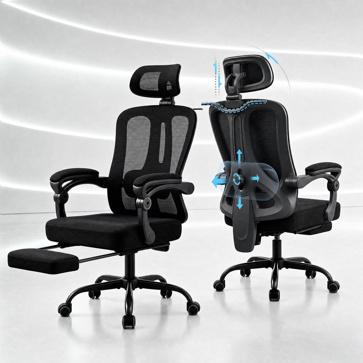 Sedia da Ufficio Ergonomica, Sedia da Scrivania con Schienale in Rete Traspirante,Sedia computer con Poggiapiedi, Supporto Lombare e Altezza Regolabile per Home,adulti, 150 kg, Nero