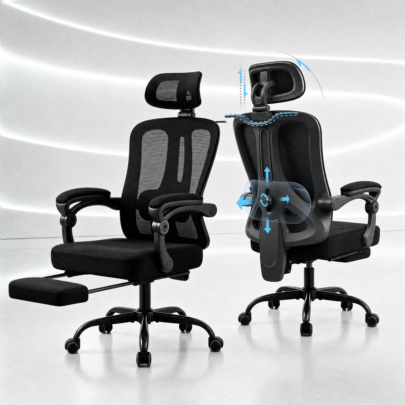 Sedia da Ufficio Ergonomica, Sedia da Scrivania con Schienale in Rete Traspirante,Sedia computer con Poggiapiedi, Supporto Lombare e Altezza Regolabile per Home,adulti, 150 kg, Nero