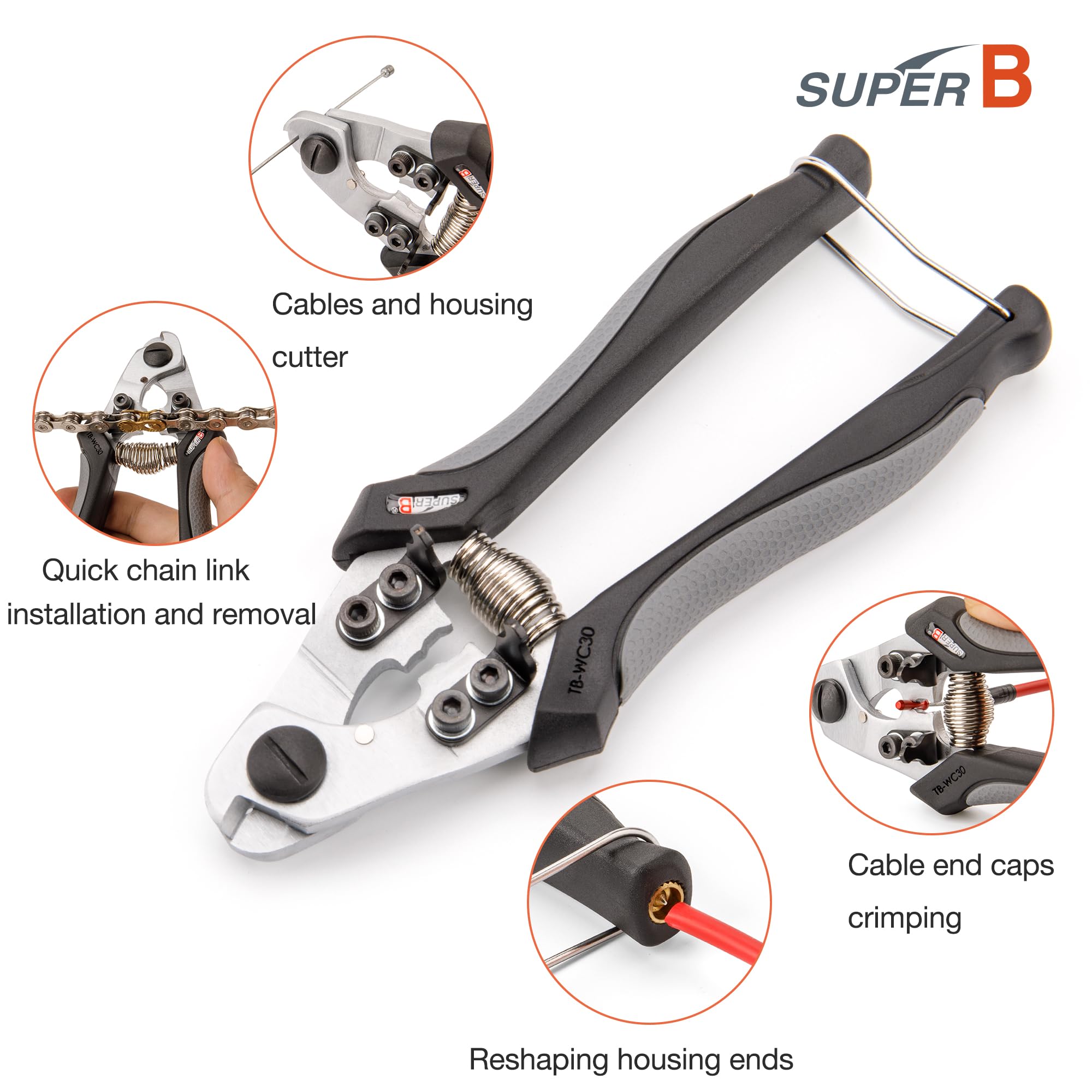 Super B Robuste Kabelschneider, präzises Draht- und Kabelschneiden mit Crimpen, Gehäuseendformung und Schnellverbindungswerkzeug für Fahrräder, ergonomischer Griff, federbelastetes Design (TB-WC31)