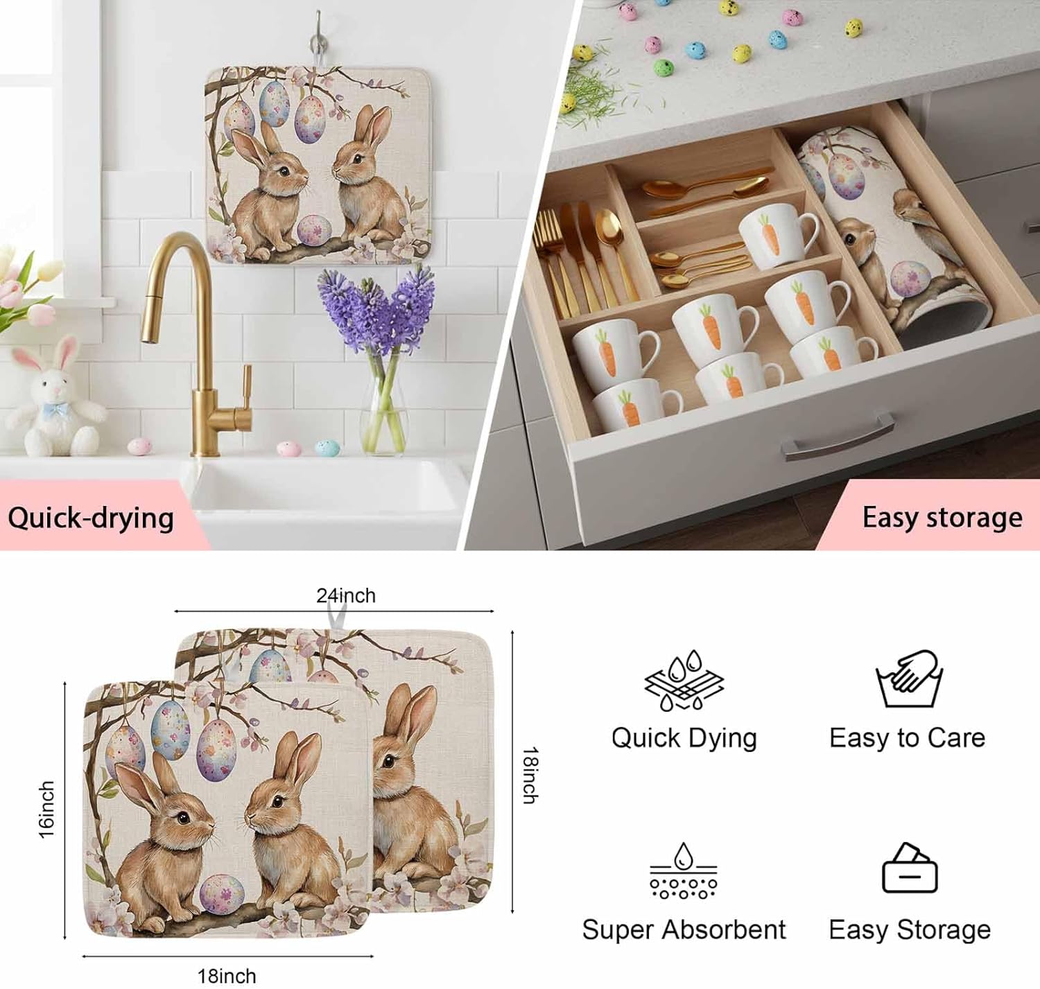 Absorbent Dish Drying Mat for Kitchen Counter,Easter Egg Rabbit Flower Leaves Branch Microfiber Quick Dry Pad Dishes Drainer Rack Mats for Under Sink Utensils 18x24in,2 Pack,Vintage Linen