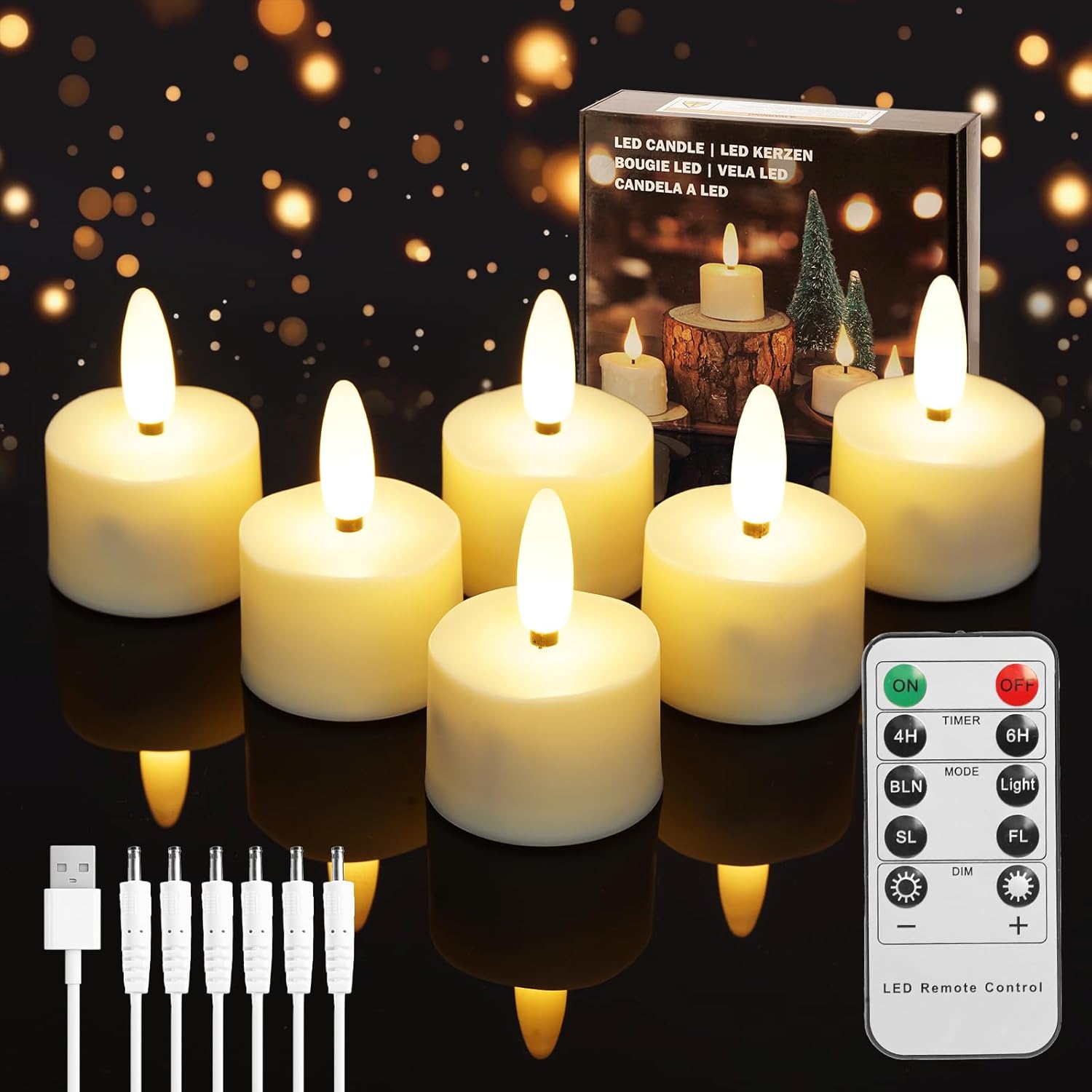 Rechargeable Candles with Remote, 6PCS Flickering LED Tea Lights Candles for Halloween Christmas Wedding Home Decor, Tea Lights Candles Battery Operated with Timer (USB Charging Cable Included)