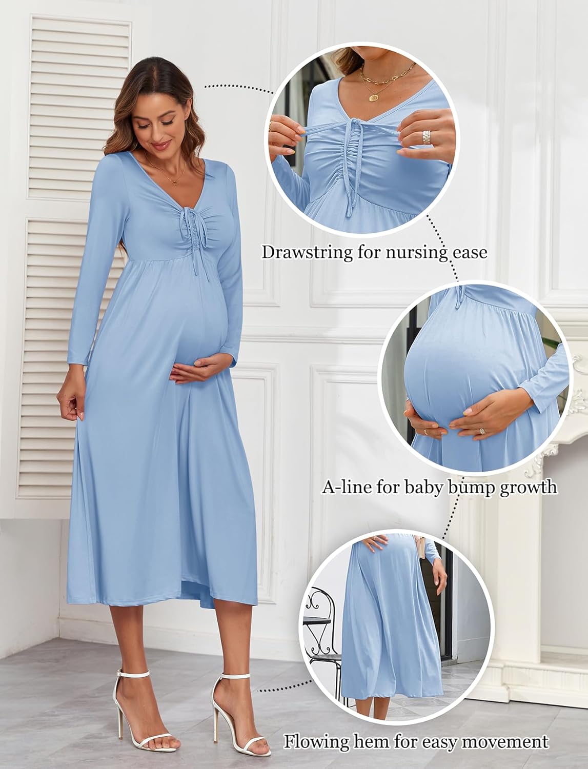 Maternity Tie Front Dress A Line Long Sleeve V Neck Flowy Pregnancy Maxi Dresses for Baby Shower Casual 2025 Fall - Image 4