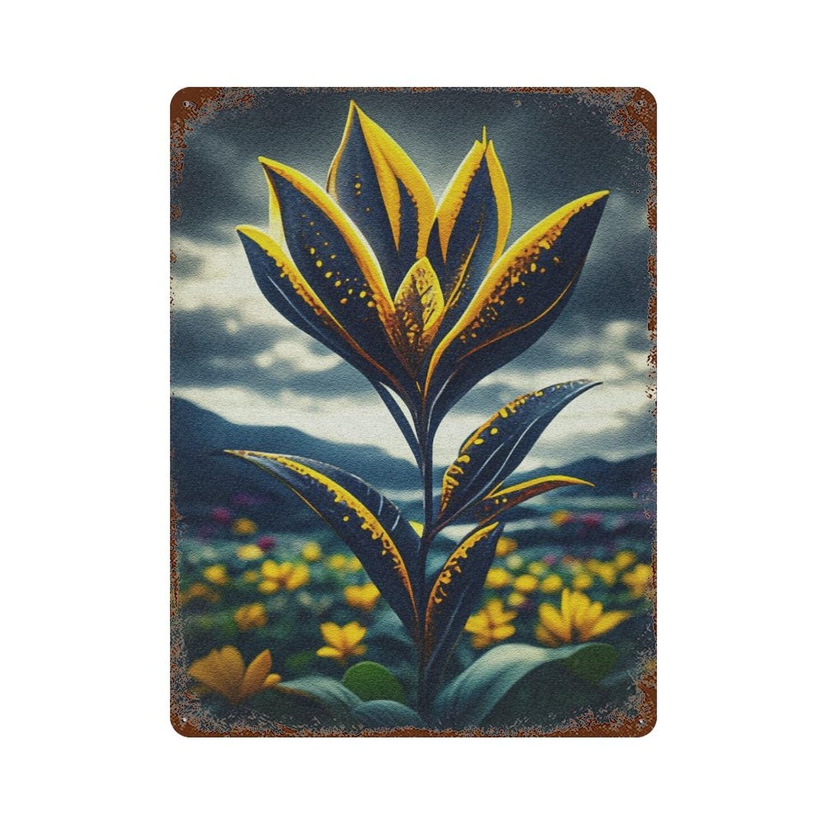 Golden Flower in Field Rustic Tin Plaque 15.7"x11.8", Rustic Home Decor for Office, Studio And Wall Decor