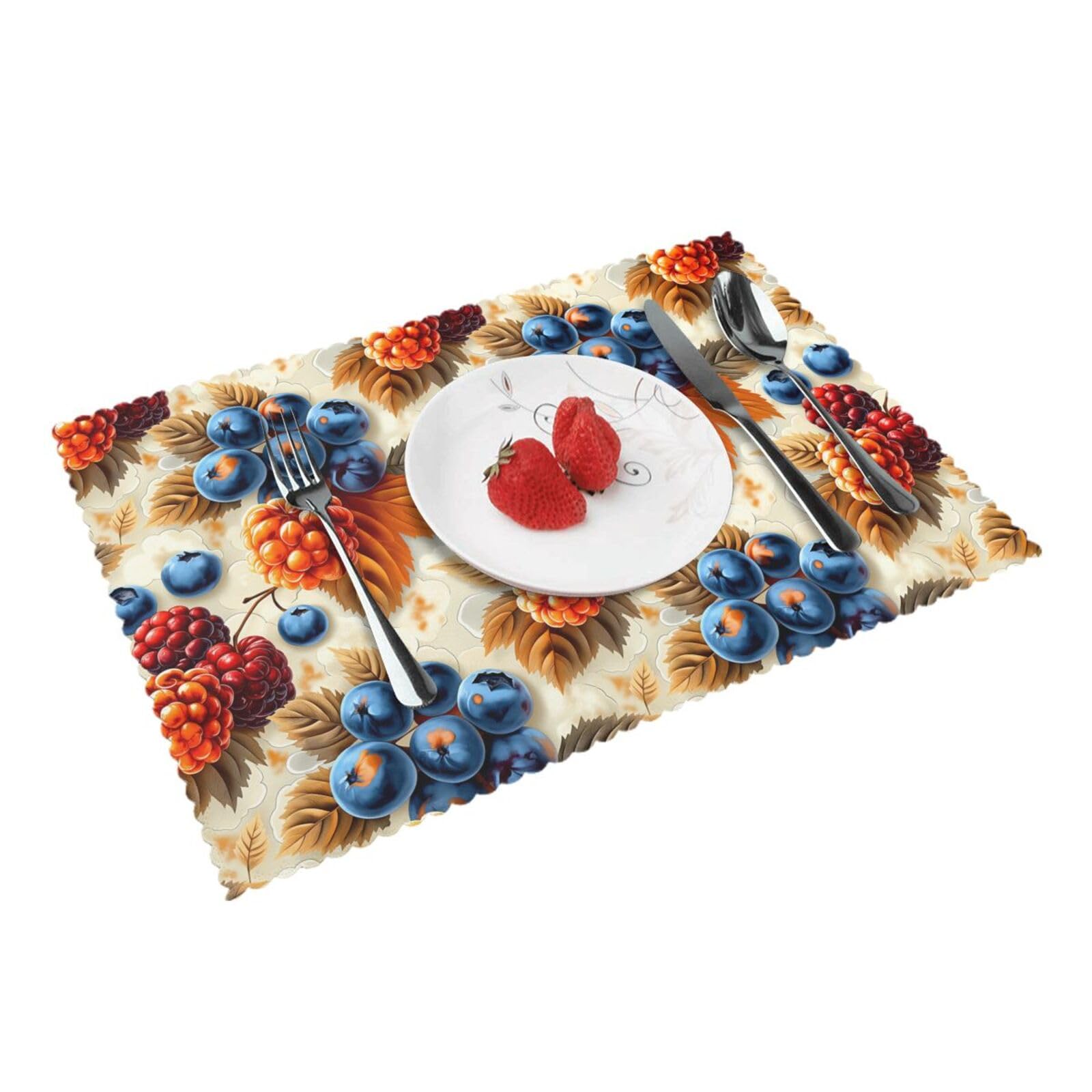 Autumn Berries Leaves Pattern Placemats Set of 4 Print Table Mats Place Mats Table Decor for Kitchen Dining 12X18 in
