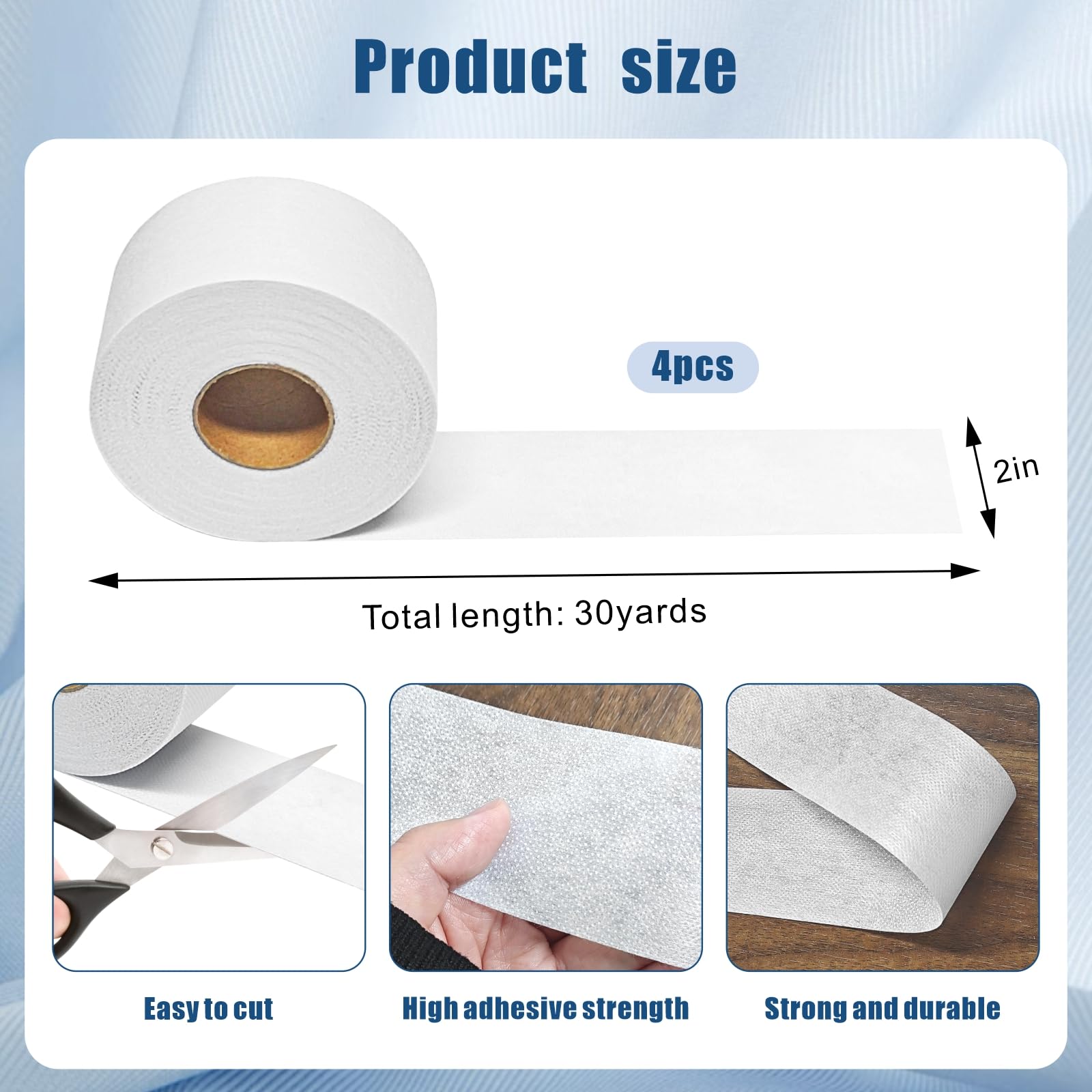 4 rotoli di nastro adesivo per trapuntatura, 5,1 cm x 27,6 m, bianco, adesivo su un lato, non tessuto, per cucito, artigianato, orlatura, toppe e tenuta del tessuto