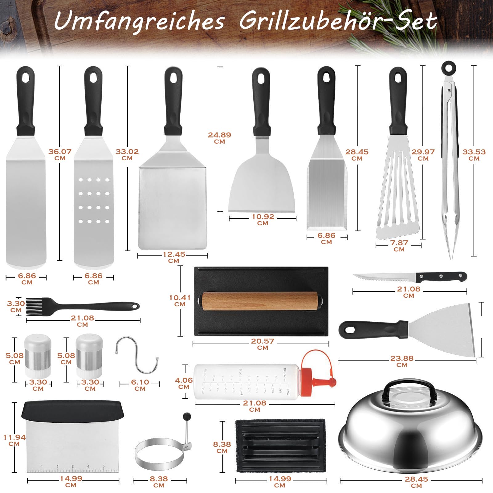 35 Stück Grillspachtel Set aus Edelstahl - Teppanyaki Grillschaufel Set, Smash Burger Set, mit Burger Glocke & Plancha Zubehör, für Grillen, Picknick, Camping
