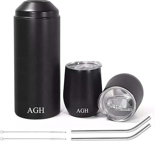 AGH Juego de botellas de vino de 25 onzas, enfriador de vino de doble pared aislado y vaso con tapa y popote, botella de acero inoxidable de 8.5 fl