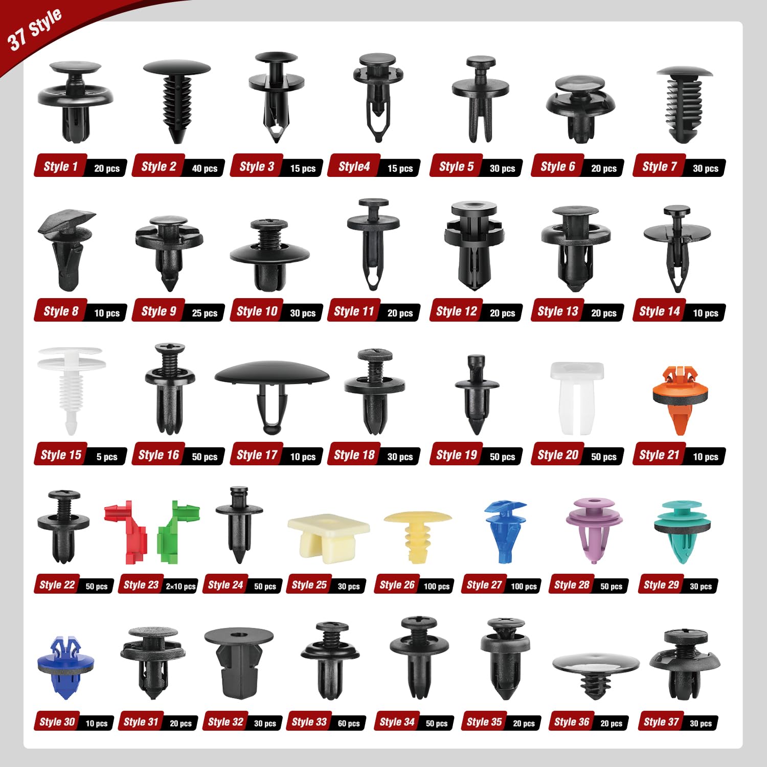 Nilight 1295-teiliges Auto-Halterungs-Clips, Auto-Befestigungs-Set, 37 Größen, Nylon, Stoßstangen-Nieten mit 5 Befestigungselementen, Entferner, 10 Kabelbinder für Toyota GM, Ford, Honda, Chevy, BMW,