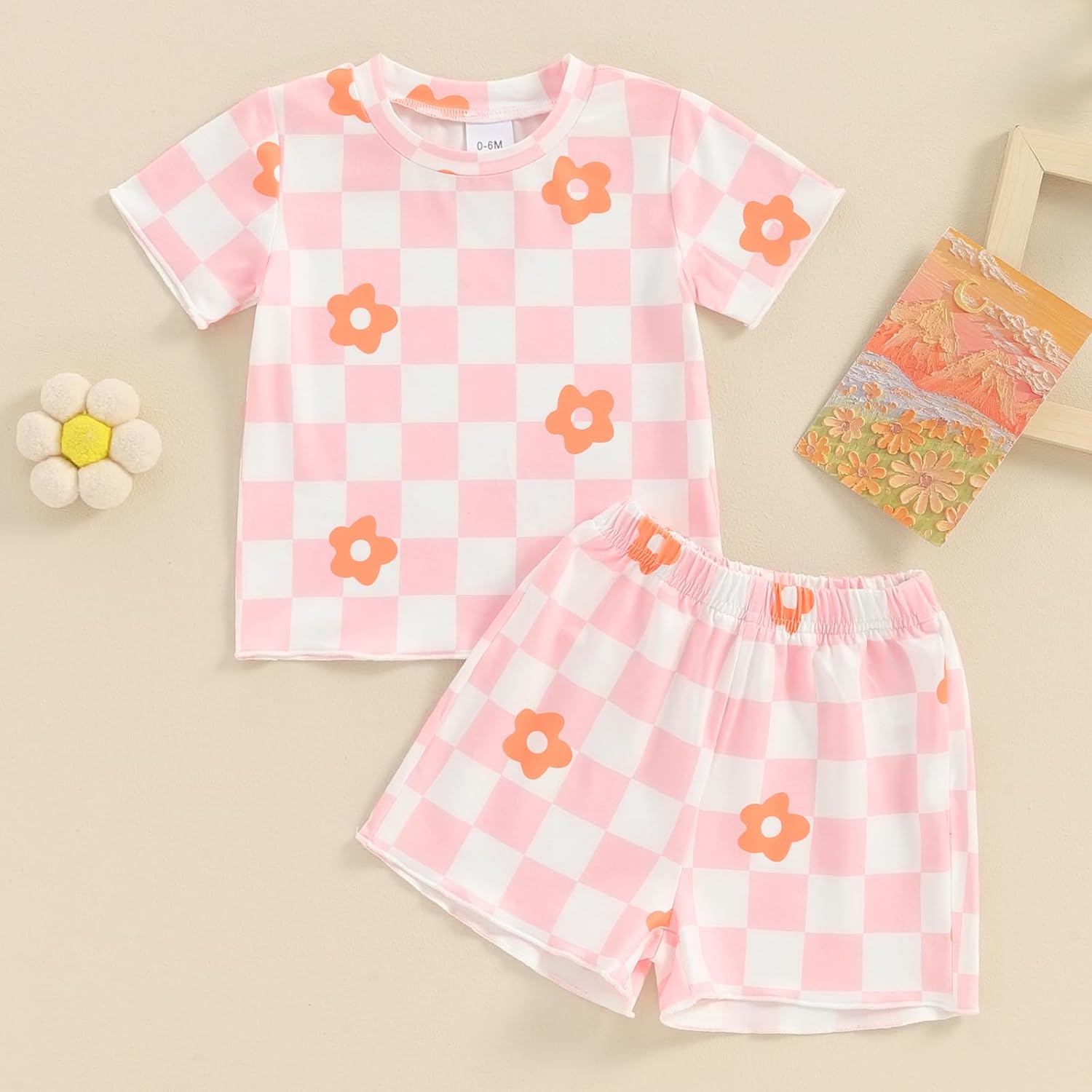 Thorn Tree Toddler Girl Clothes Floral Plaid T-Shirt & Elastic Waistband Shorts Summer Outfits for Girls - Image 2