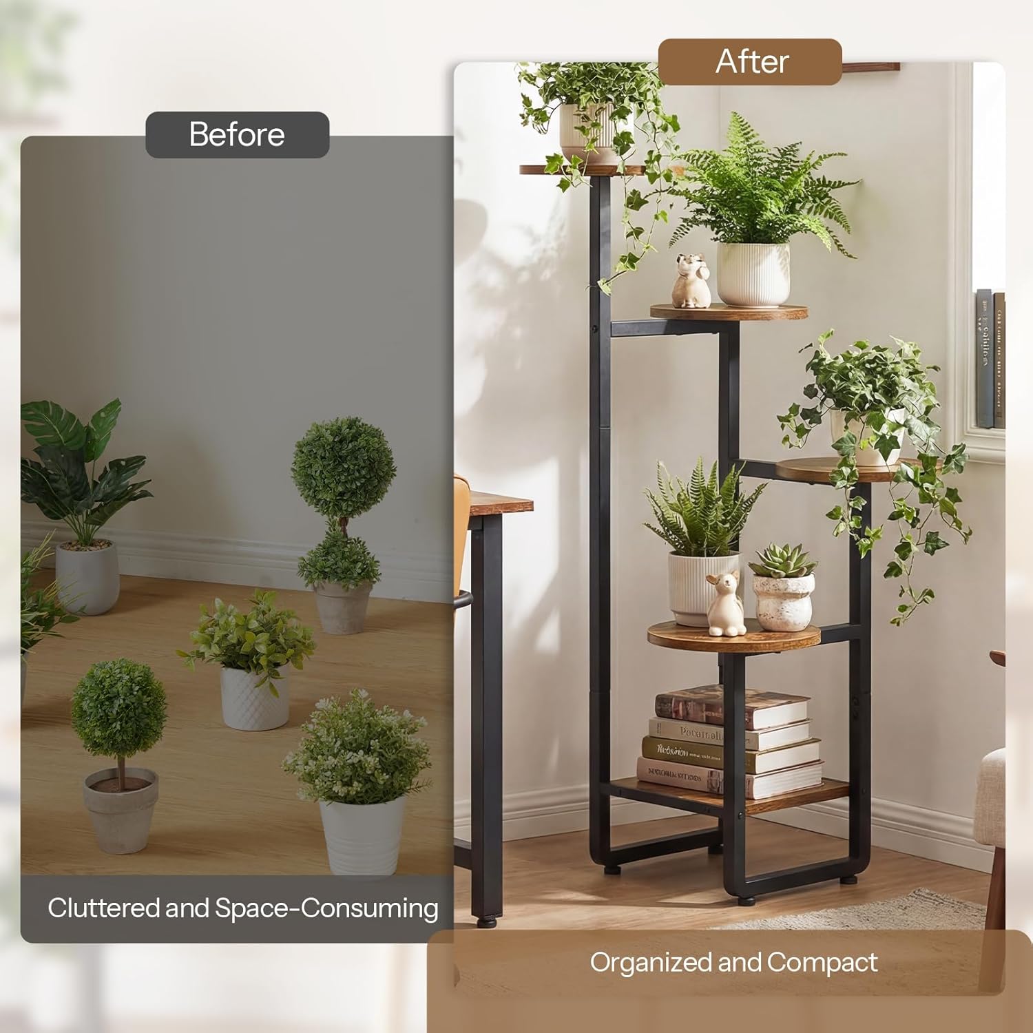 HOOBRO Plant Stand Indoor, 5 Tiered Corner Plant Shelf Flower Stand for Multiple Indoor Plants, Round Plant Flower Display Shelf for Living Room, Balcony, Patio, Rustic Brown and Black BF07HJ01