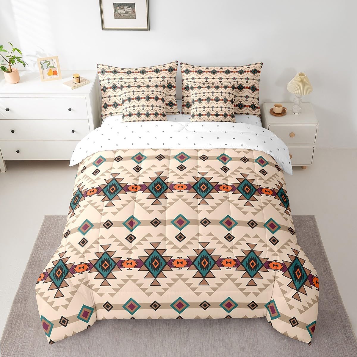 Feelyou Southwestern 7 Piece Bedding Set Twin Size Rustic Farmhouse Western Comforter Set with Sheets for Kids Adult Geometric Aztec Bed in a Bag Vintage Bohemian Bed Set