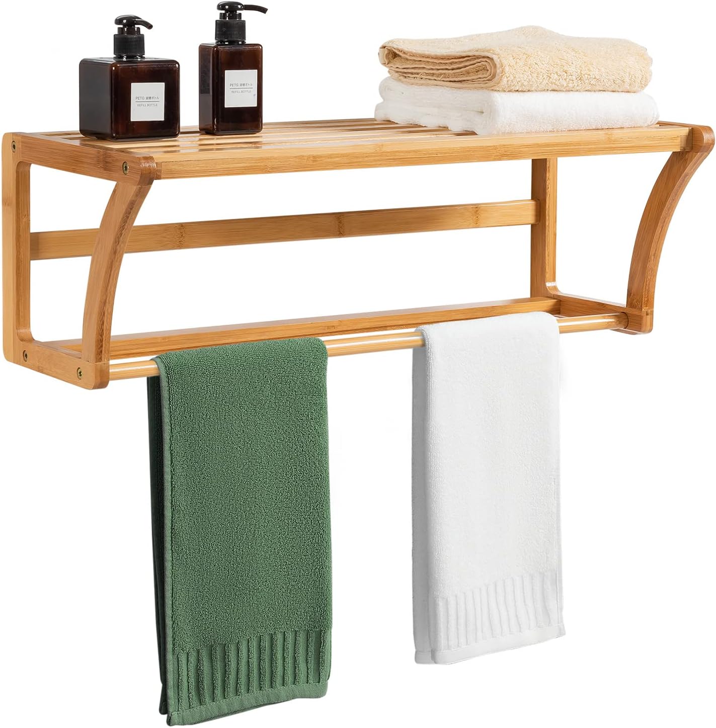 Tangkula Wall Mount Bathroom Shelf with Towel Bars, Bamboo Storage Towel Shelf, for