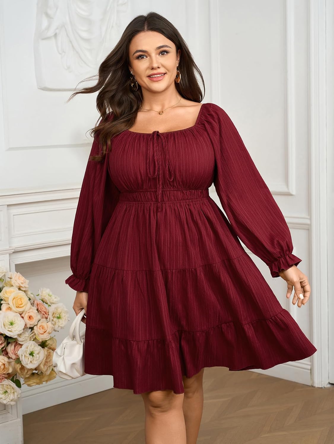 Women's Plus Size Dresses Square Neck Long Sleeve Tie Front Textured A Line Mini Dress - Image 3