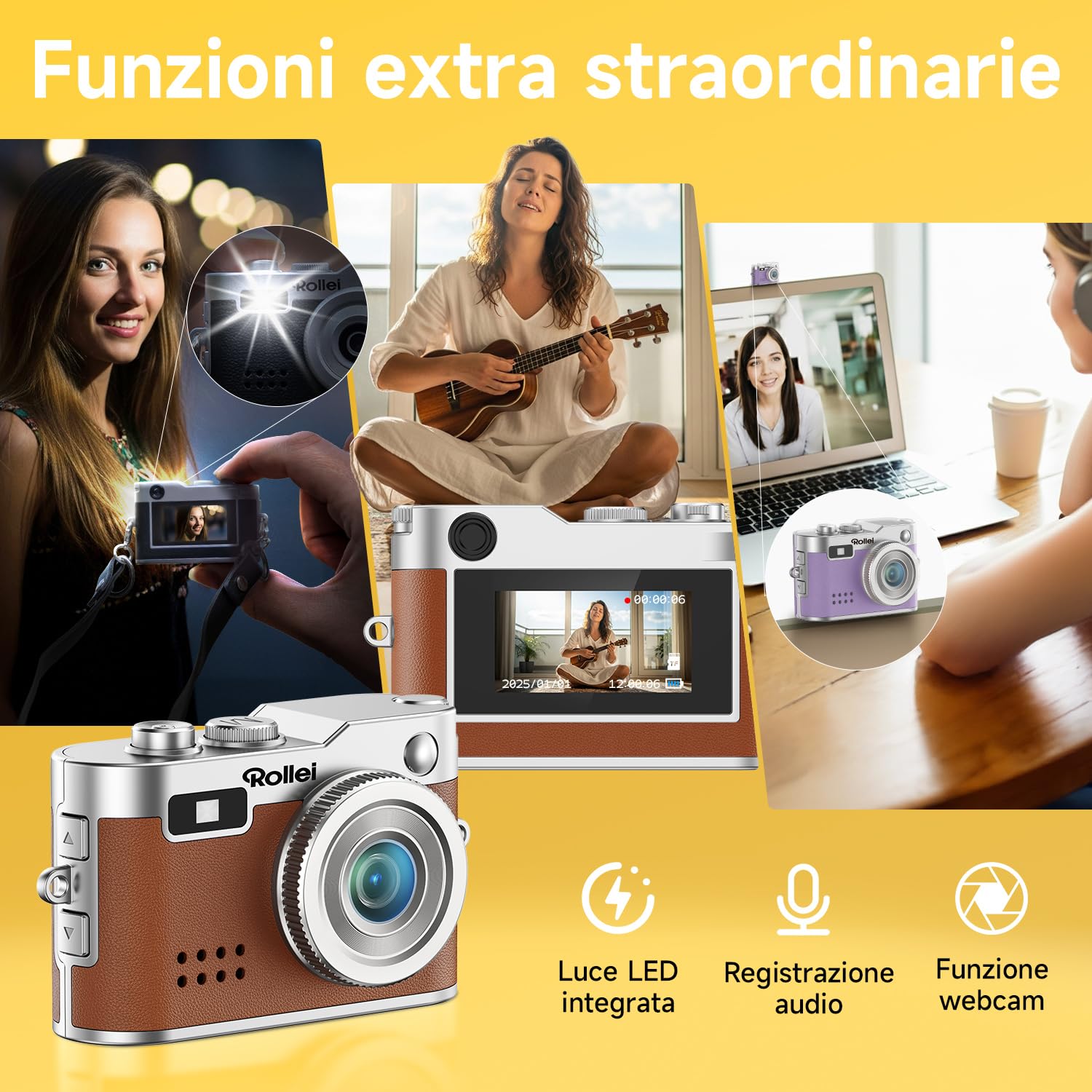 Rollei Mini Fotocamera Digitale Marrone, 1080P HD Piccola Macchina Fotografica Digitale Retrò con 0,96" Schermo a Colori 2MP Cámara Digital Compatta con Flash e Registrazione, Mini-Fotocamera-Digitale