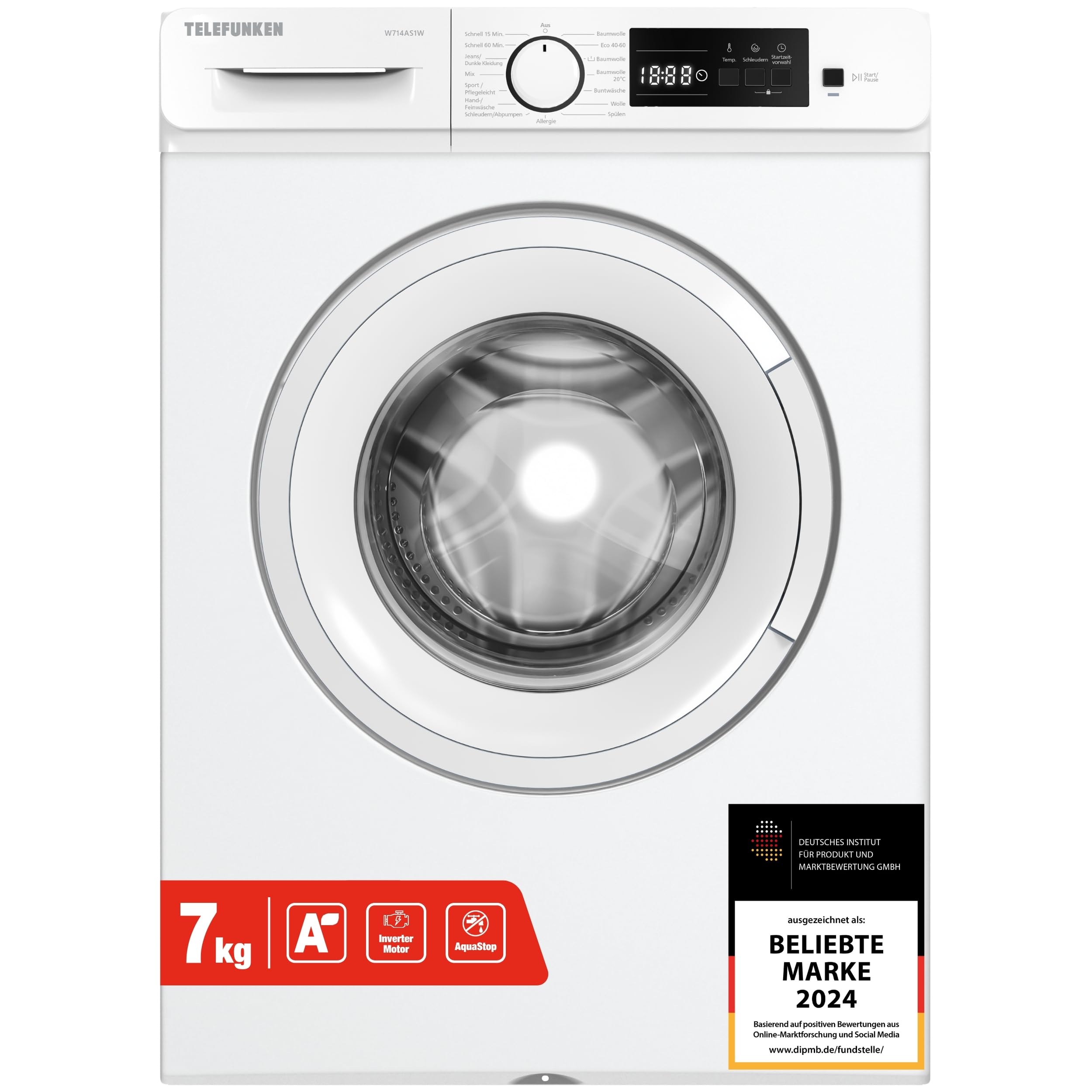 Telefunken Waschmaschine 7kg | Frontlader 1400 U/Min. | Energieklasse A | Inverter Motor | AquaStop | Schontrommel | 15 Programme | Startzeitvorwahl | Kindersicherung | LED-Display | W714AS1W weiß