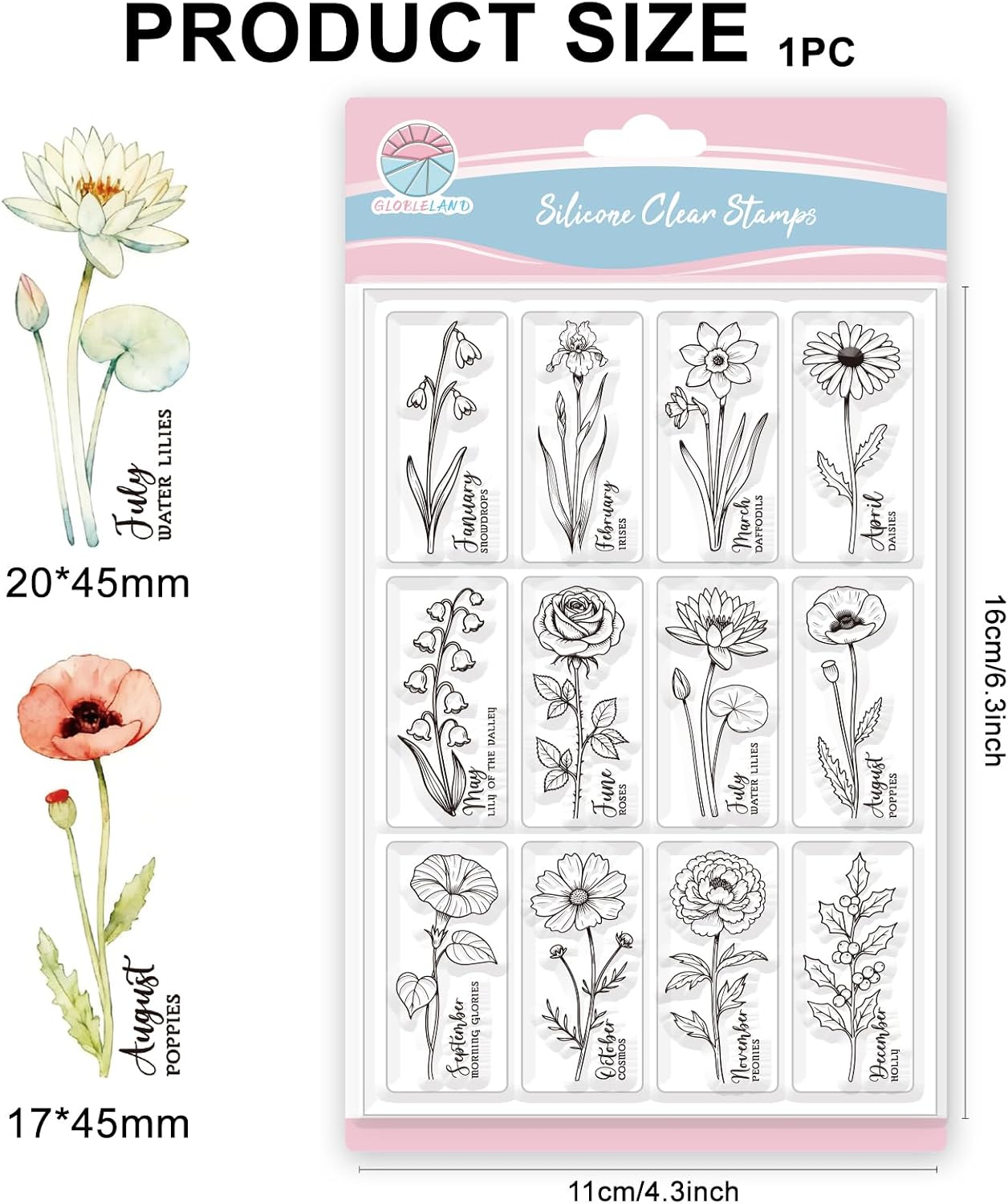 GLOBLELAND Monthly Flowers Clear Stamp for Scrapbooking Months Floral Silicone Stamps Daisies Peonies Transparent Stamp for Card Making DIY Embossing Journaling