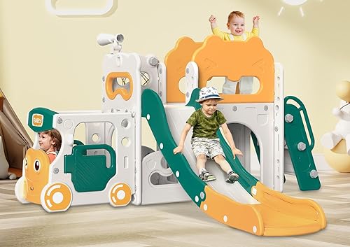 Miniatura 9 de Babytronic Tobogán para Niños Pequeños, 9 en 1 Tobogán de Autobús Interior para Niños de 1-3 Años, Tobogán Interior y Exterior para Bebés con Aro de