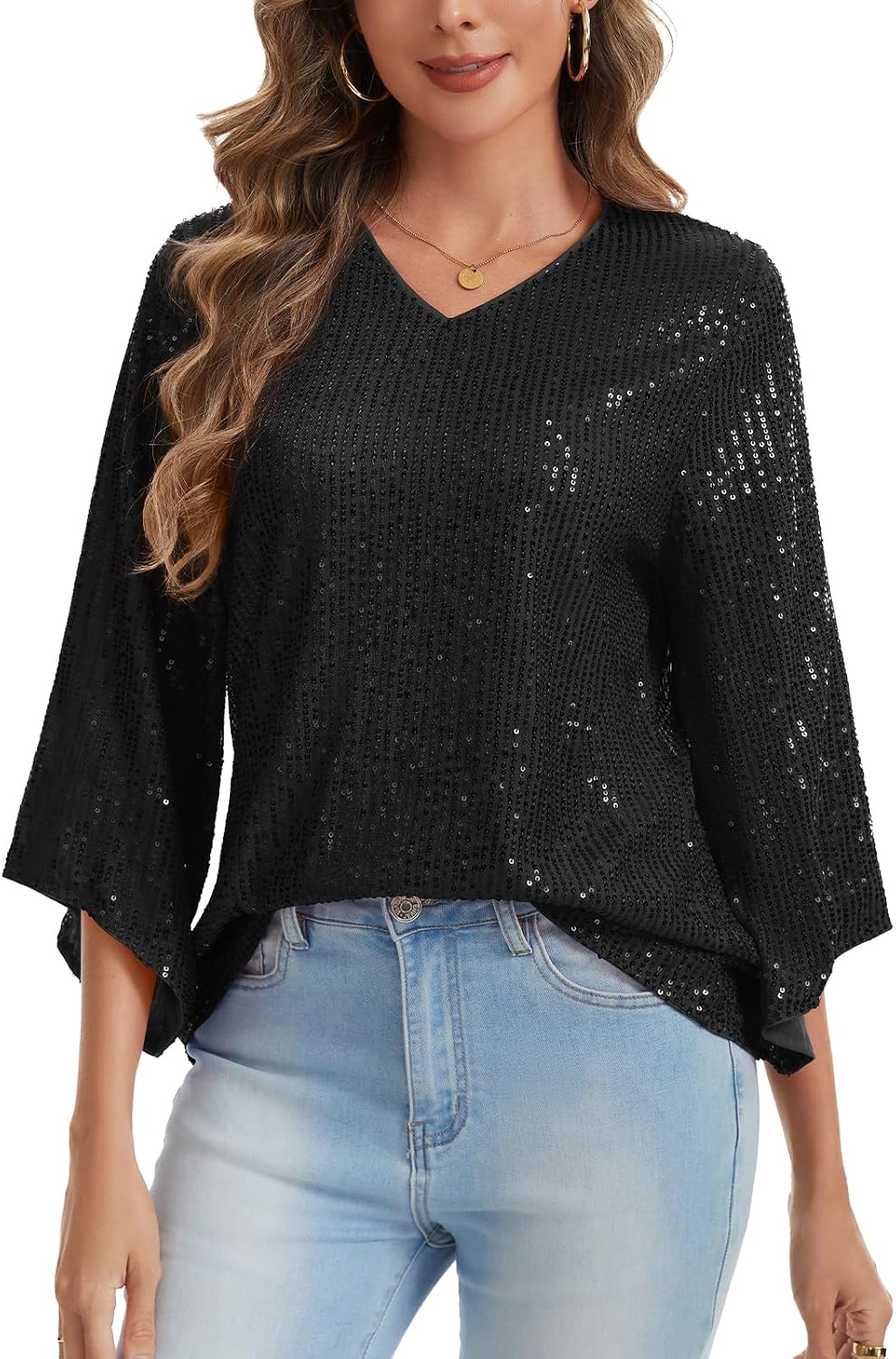 MINTLIMIT Women's Sequin Top V Neck 3/4 Sleeve Glitter Shirts Party Blouses