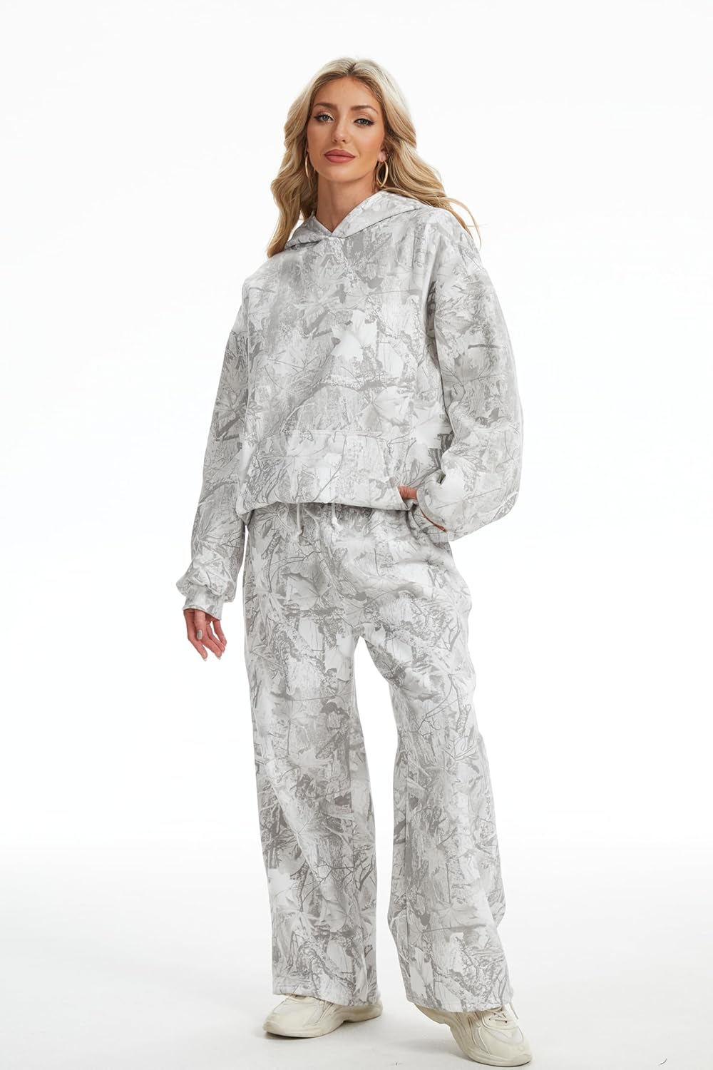 Womens 2 Piece Sweatsuits Fall Outfits Oversized Camo Hoodie Wide Leg Sweatpants Travel Lounge Matching Sweat Sets - Image 4