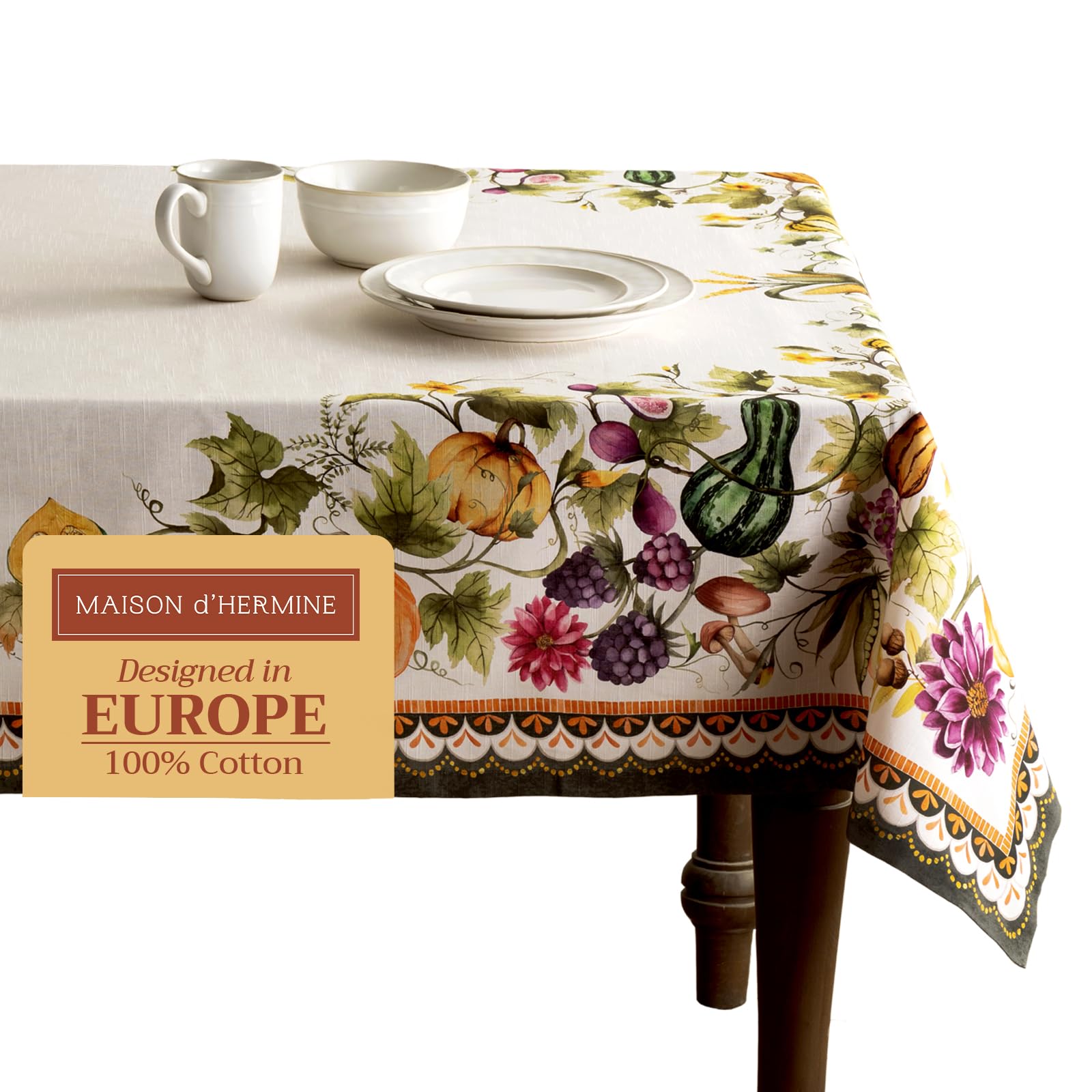 Maison d' Hermine Table Cover 60"x90" 100% Cotton Decorative Washable Rectangle Tabletop Tablecloths, Kitchen, Wedding, Pumpkin Garden - Cloudy Cream - Thanksgiving/Christmas