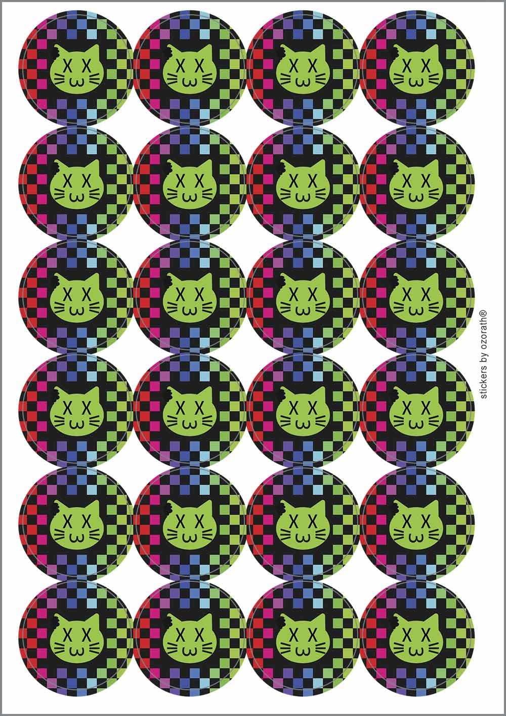 Zombie Cat Circular Matt Paper Stickers A4 Sheet of 24 (Each Sticker is 45mm Diameter)
