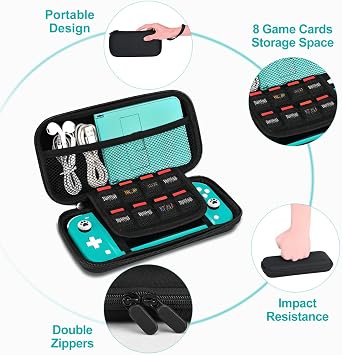مجموعة ملحقات InnoAura Switch Lite 12 في 1 لجهاز NS Switch Lite (2019)، مع حقيبة حمل واقية وحزام يد وواقي شاشة ومقابض إبهام لطيفة، باللون الأسود