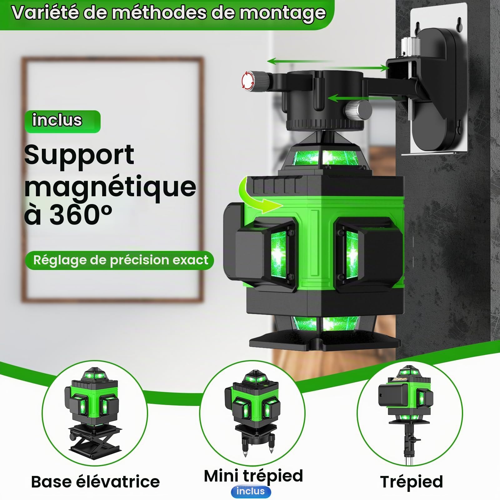 Niveau Laser, 4D 16 Lignes Niveau Laser Vertical Horizontal Autonivelant avec 2 * Batteries rechargeables 2600 mAh (A+avec trepied+box)