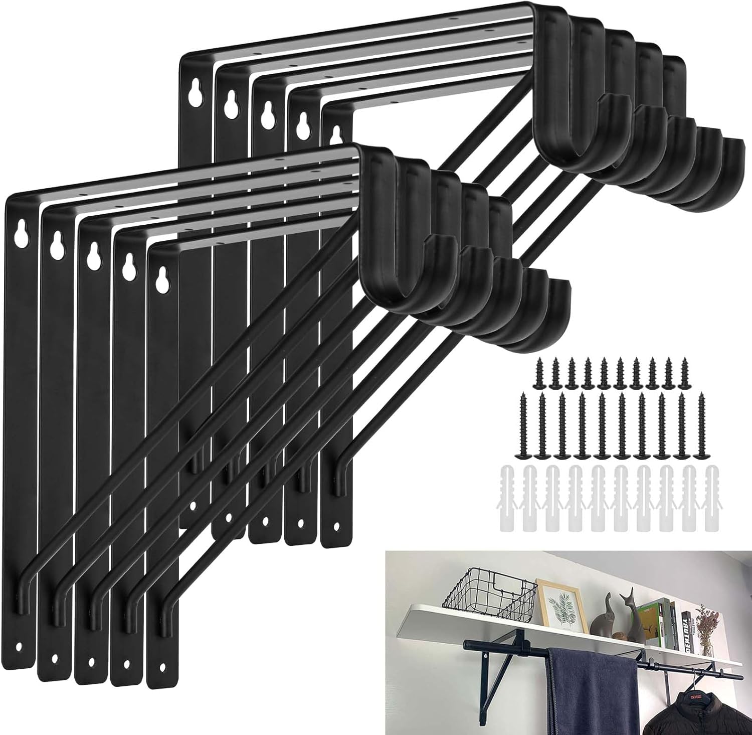10PCS Heavy Duty Closet Rod Bracket, 11 x 11 Inch Closet Shelf Brackets,Supports 300 lbs,Wall Mount Closet Rod Supports Bracket Hook with Screws, Closet Rod Holders for Home and Closet Decor(Black)