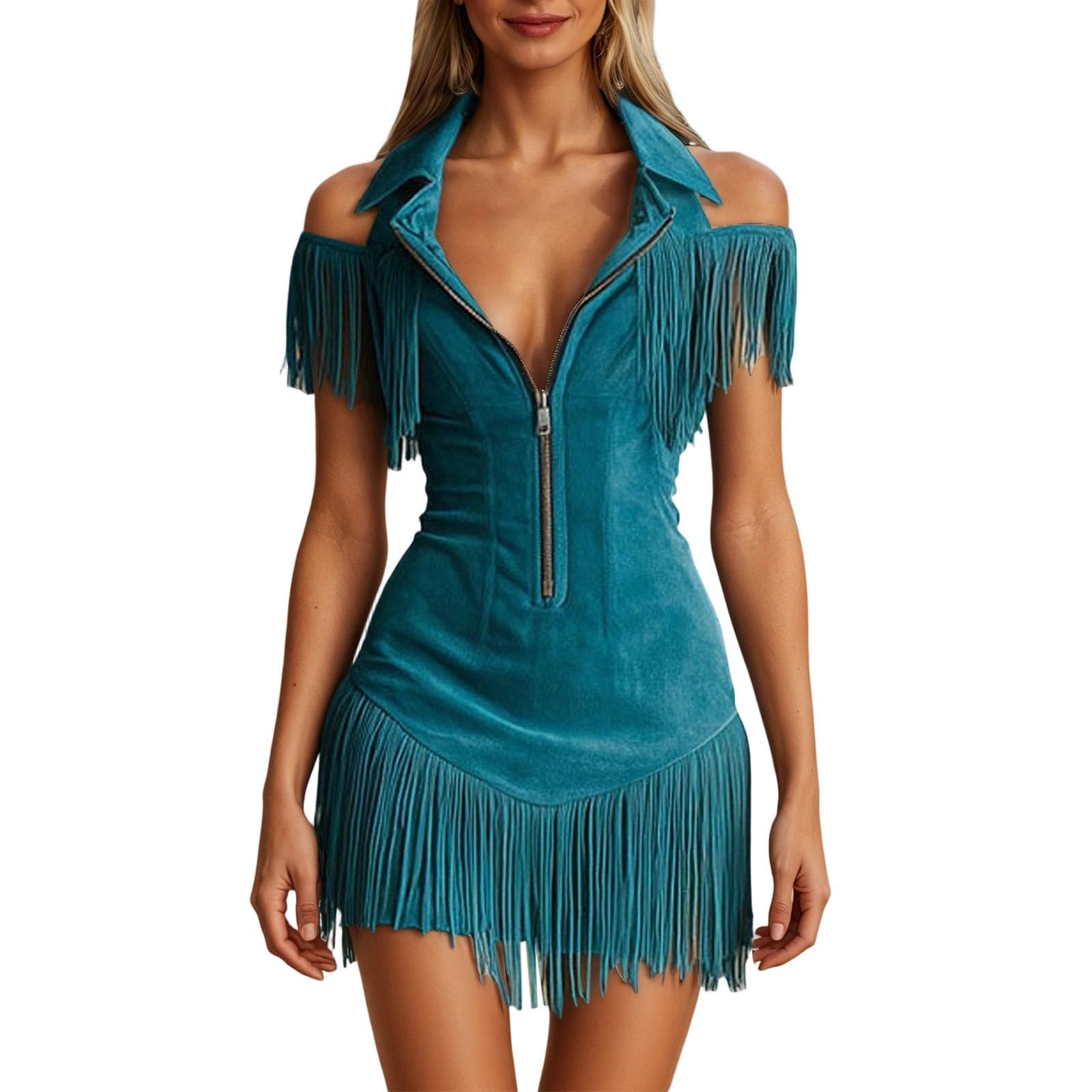 Vestido con flecos para mujer, estilo Y2K, aspecto de ante, hombros descubiertos, disfraz occidental, vestido de fiesta, minivestido de verano, vestido rockabilly, elegante, retro, vestido de cóctel