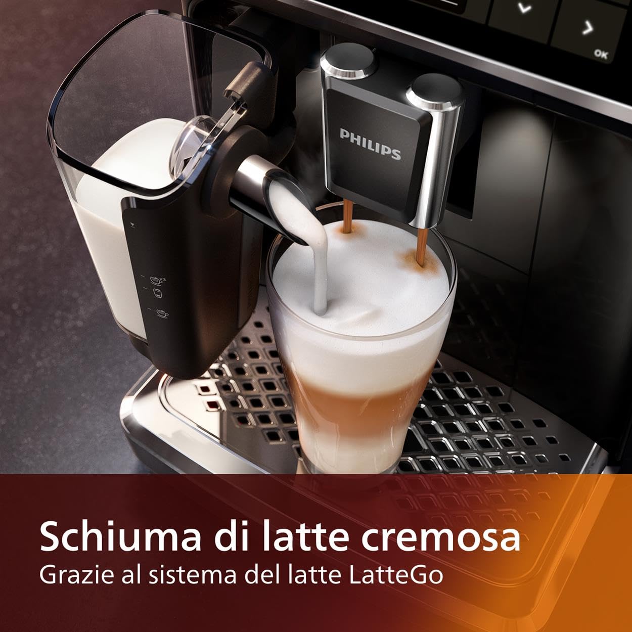 PHILIPS 5400 Series Macchina da Caffè Automatica - Montalatte LatteGo, 12 Bevande, Display Intuitivo, 4 Profili Utente, Nero (EP5441/50)