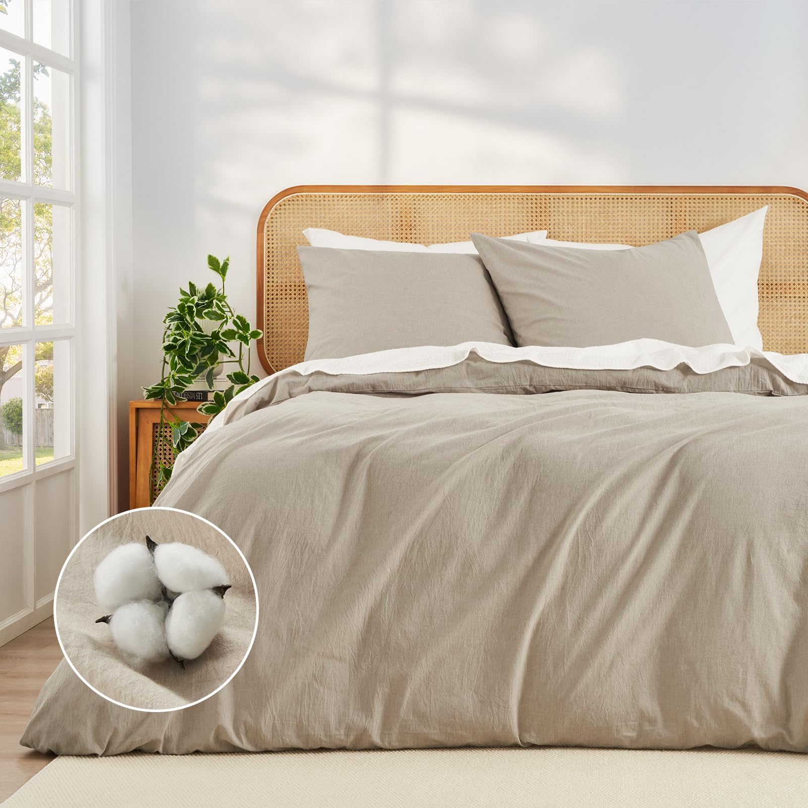 Duvetnova Bettwäsche 200x220 Baumwolle Beige Superweiche 100% Vorgewaschene Baumwolle mit Leinenstruktur ÖKO-TEX Bettwäsche 200x220 Hochwertige Bettbezug 200x220+2 Kissenbezüge 80x80 mit Reißverschlus